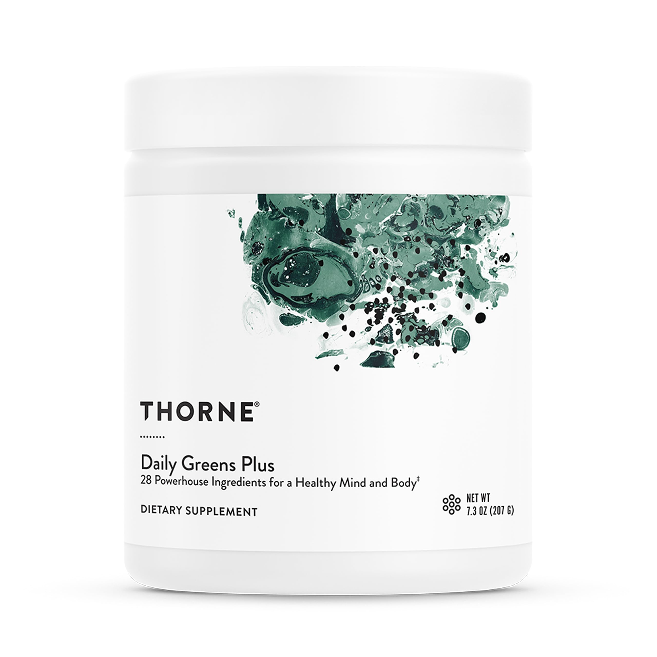 THORNE envase frontal Daily Greens Plus mostrando etiqueta y porciones