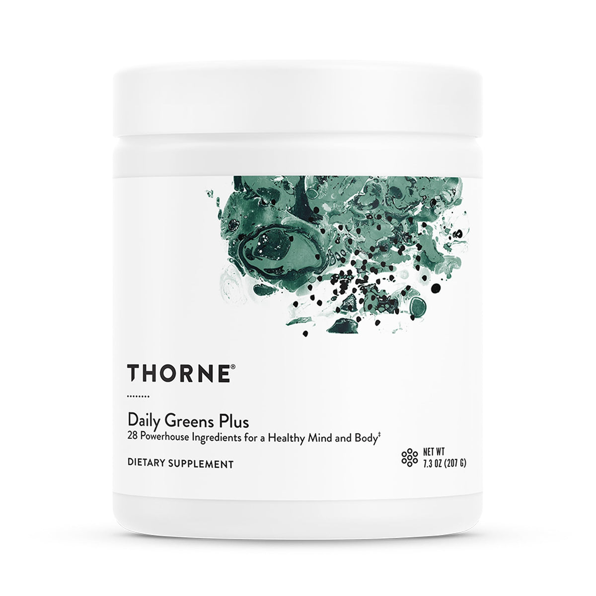 THORNE envase frontal Daily Greens Plus mostrando etiqueta y porciones