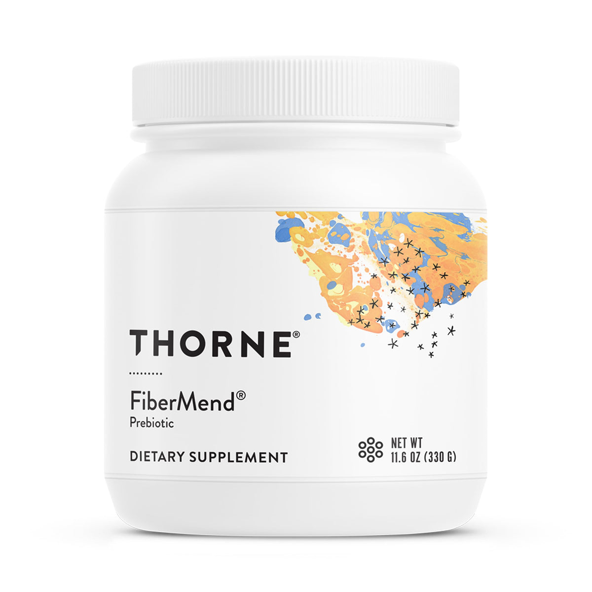 THORNE envase FiberMend frente mostrando tamaño y diseño, confianza en la marca