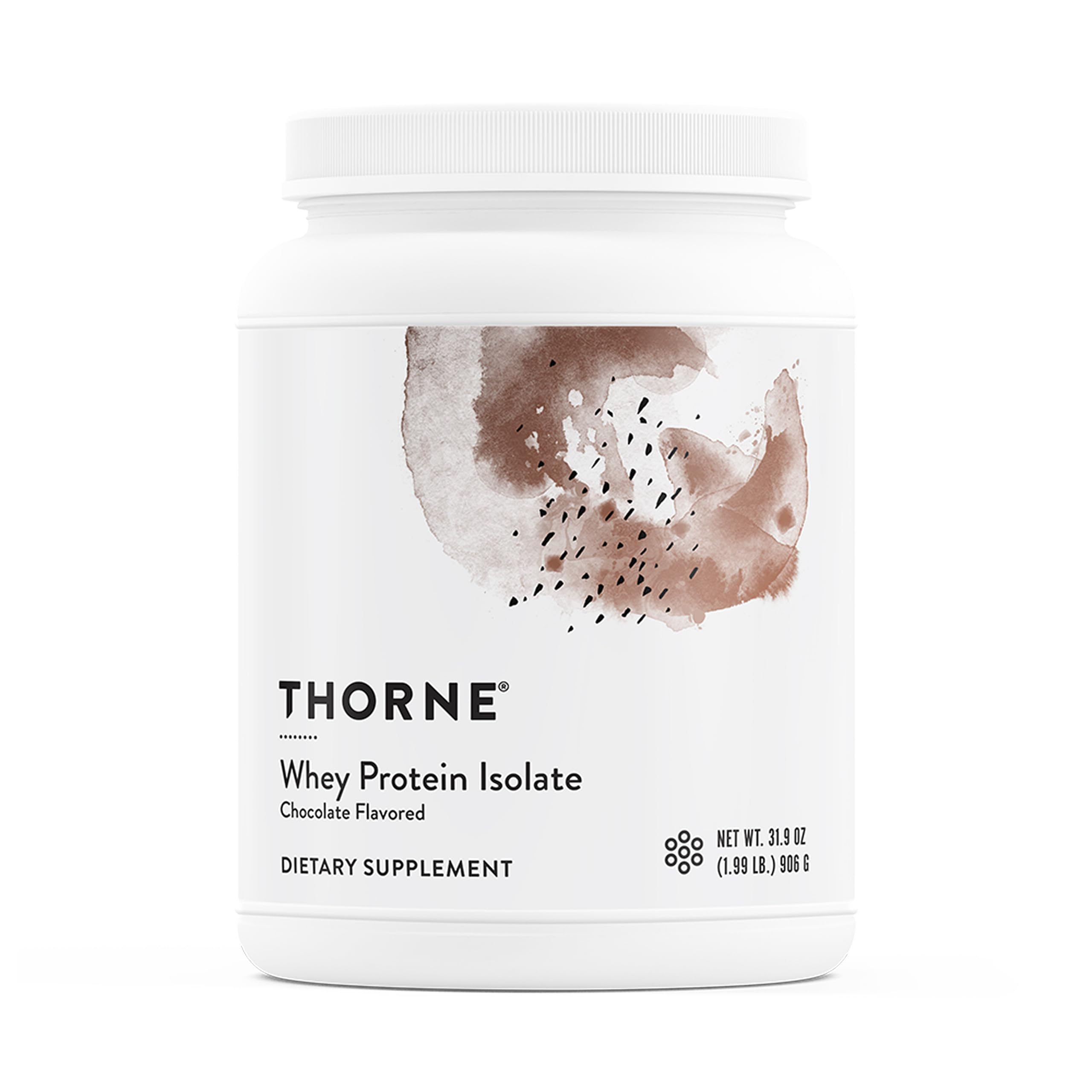 THORNE frente del envase chocolate muestra 21 g proteína por porción