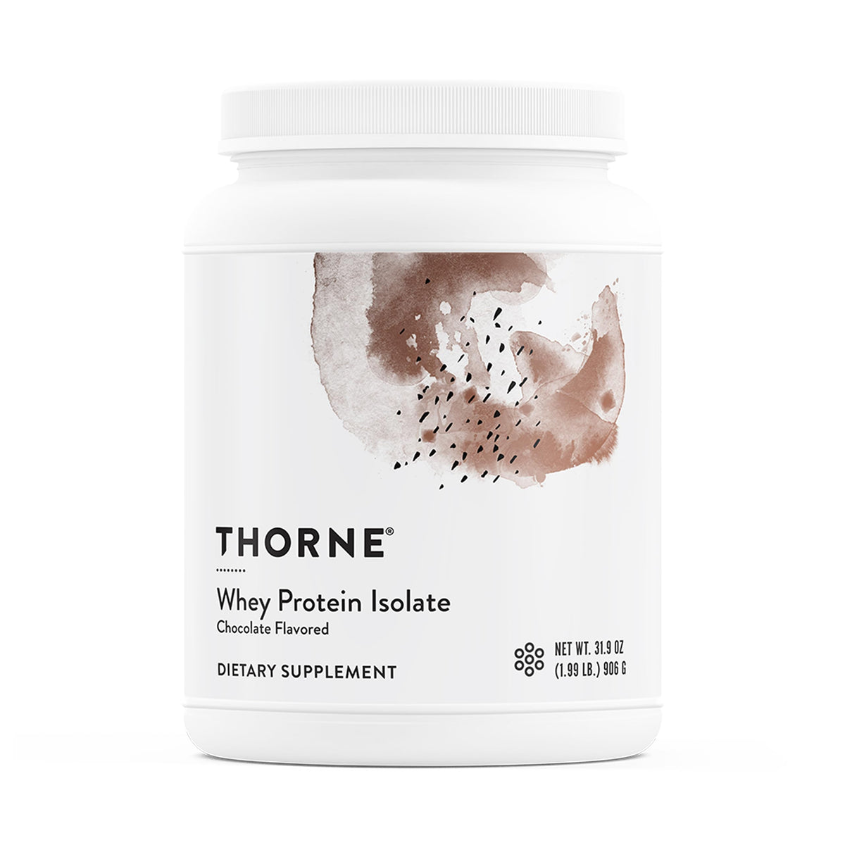 THORNE frente del envase chocolate muestra 21 g proteína por porción