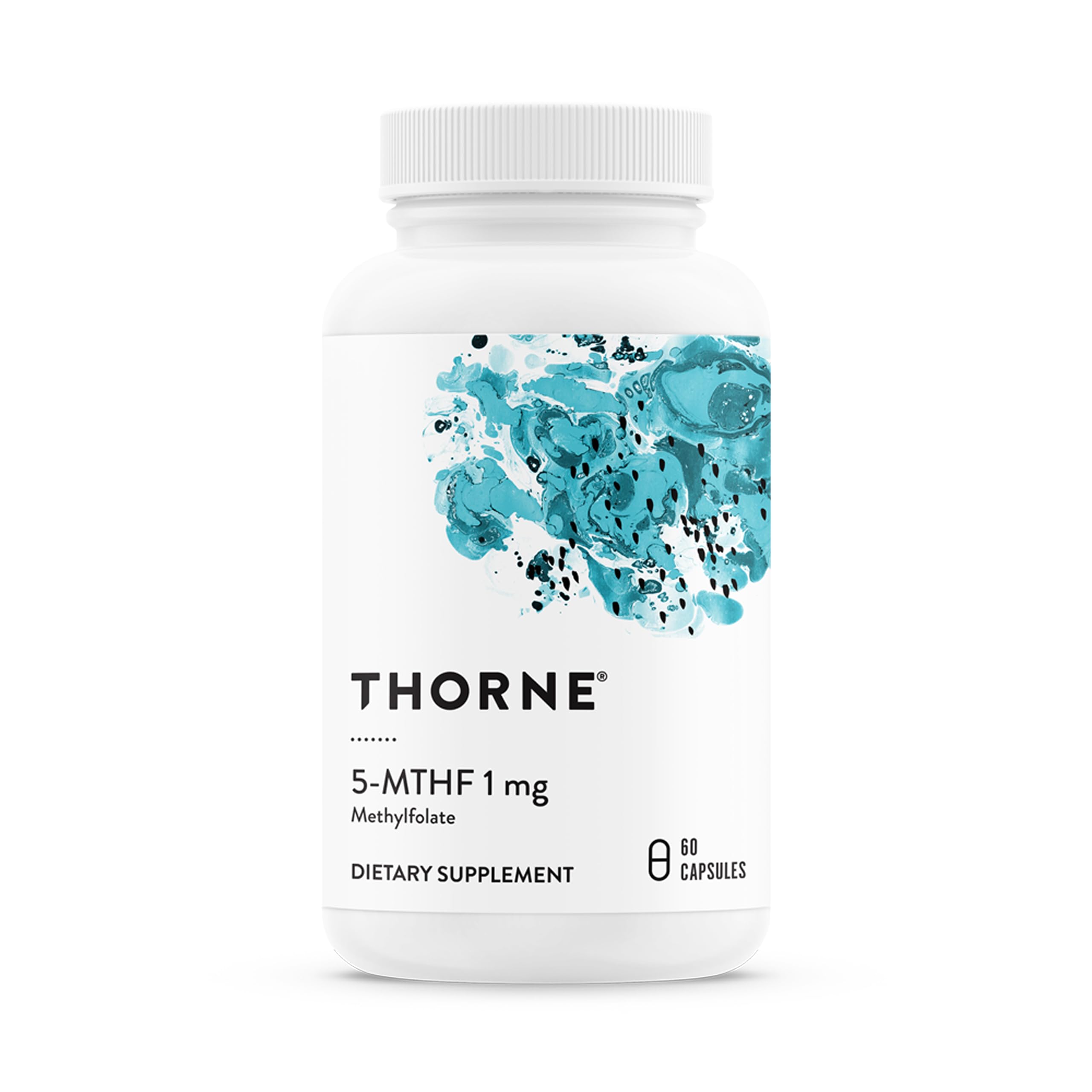 THORNE frasco frontal de 5‑MTHF mostrando diseño y cantidad, facilita elección informada