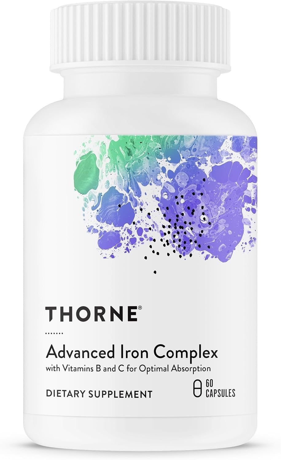 THORNE envase frontal mostrando hierro quelado y dosis por cápsula