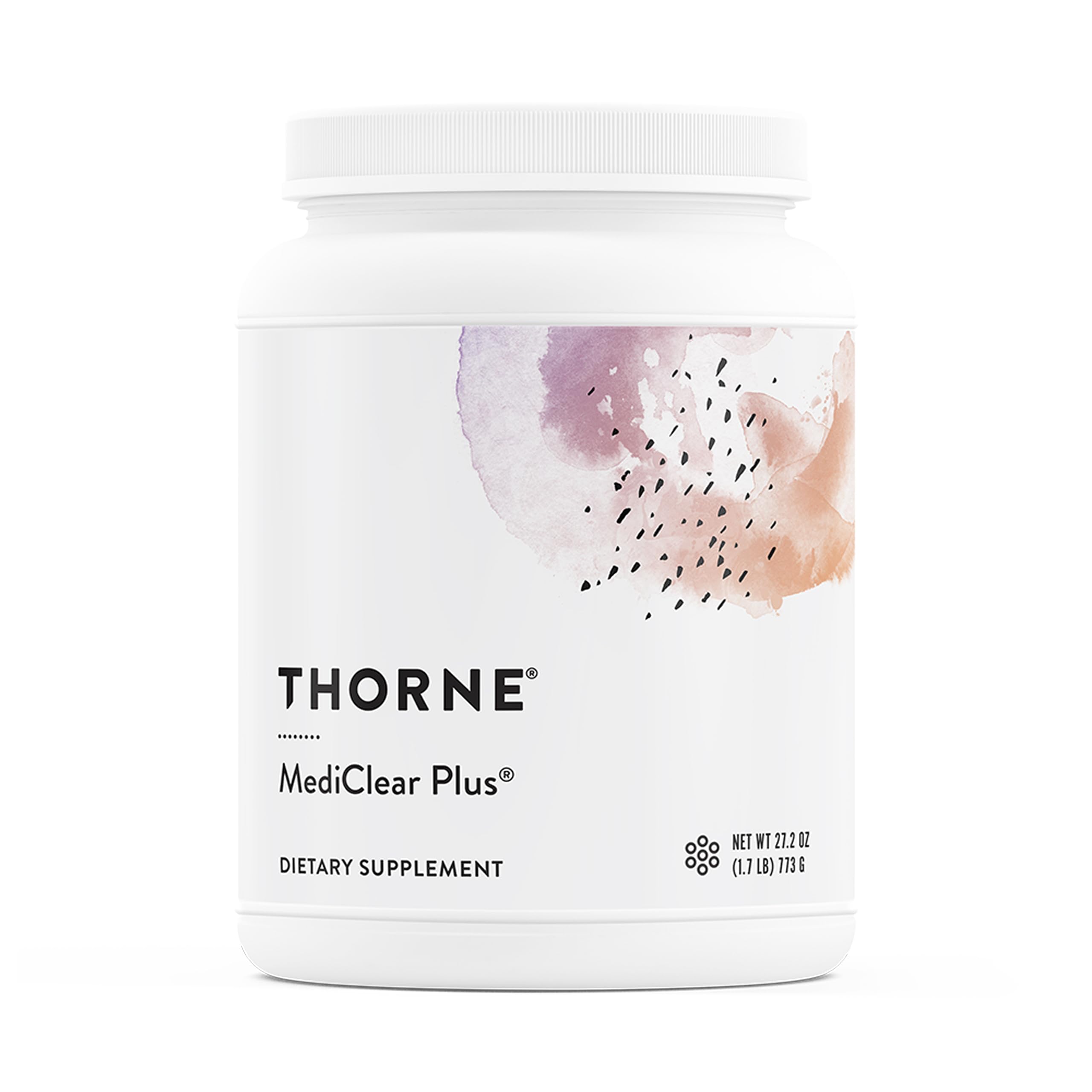 THORNE envase frontal de MediClear Plus mostrando el diseño y cantidad de porciones