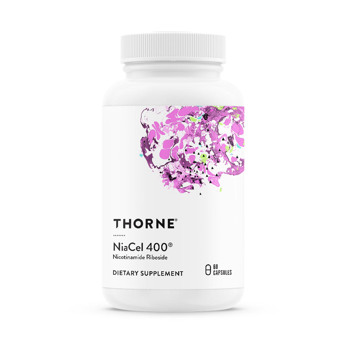 THORNE frasco delantero de NiaCel 400 mostrando diseño y cantidad de cápsulas