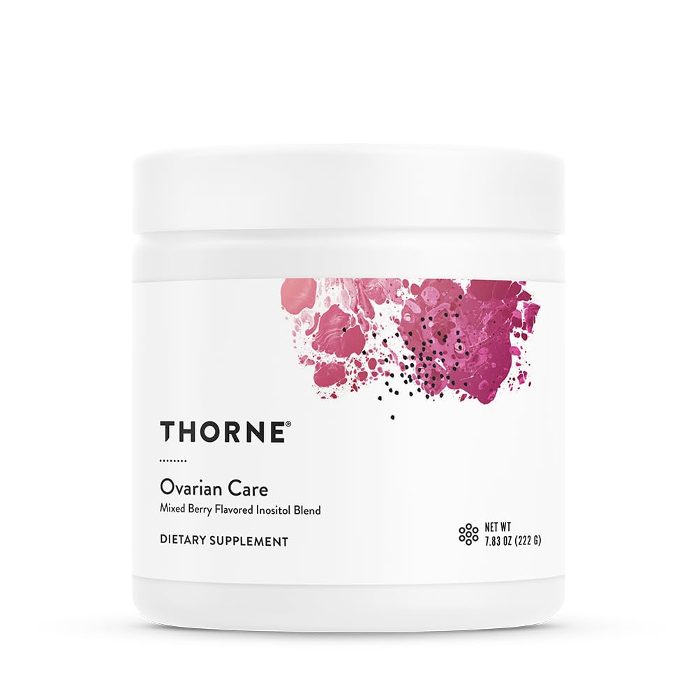 THORNE envase frontal de Ovarian Care mostrando etiqueta y sabor mixed berry, confianza en calidad