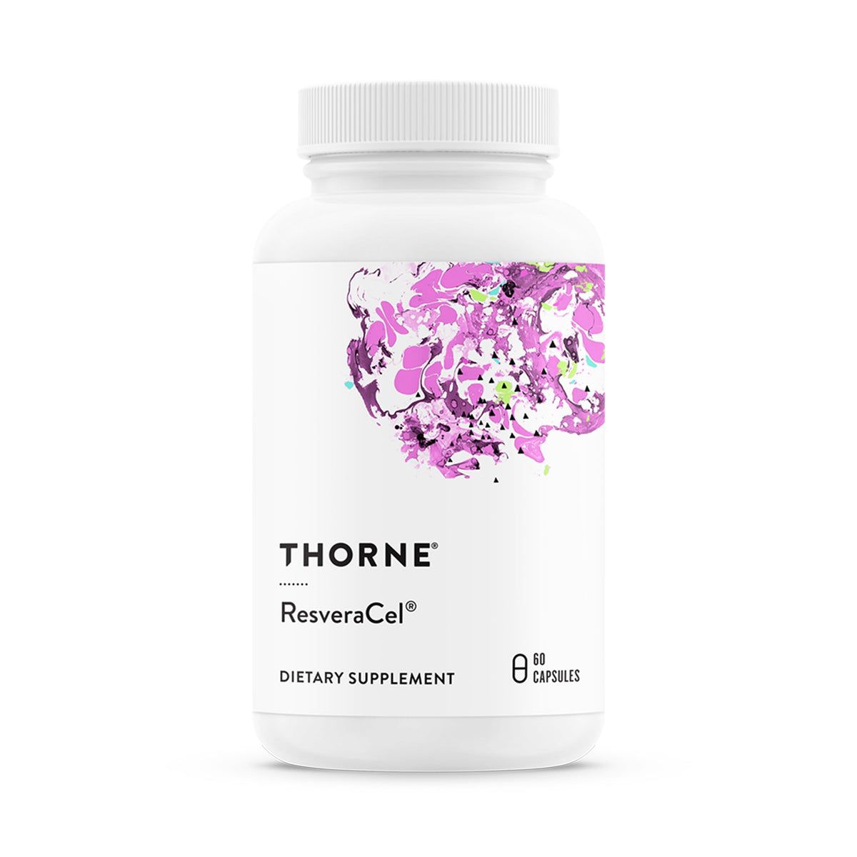 THORNE frasco ResveraCel frente mostrando diseño y dosis clara