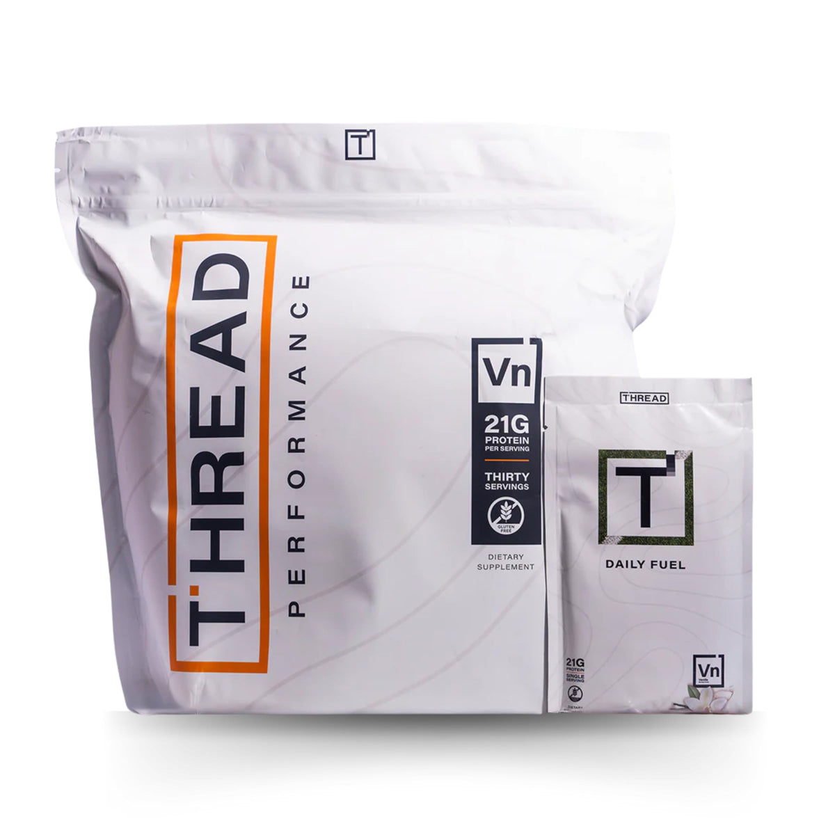 THREAD envase frontal sabor Vanilla Birthday Cake mostrando beneficios nutricionales