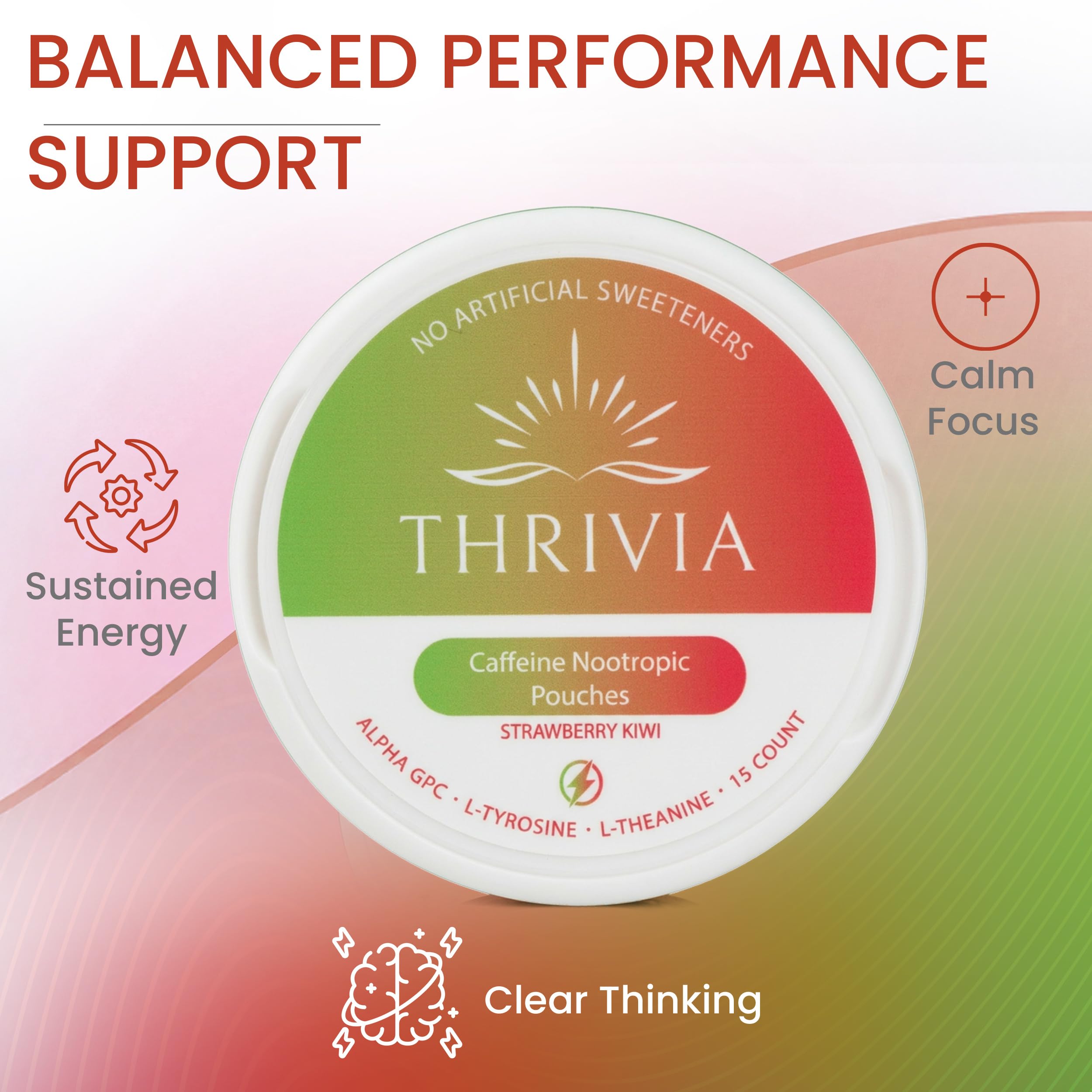 Thrivia etiqueta de ingredientes destacando cafeína y nootrópicos