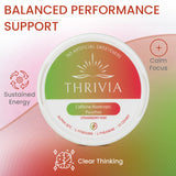 Thrivia etiqueta de ingredientes destacando cafeína y nootrópicos