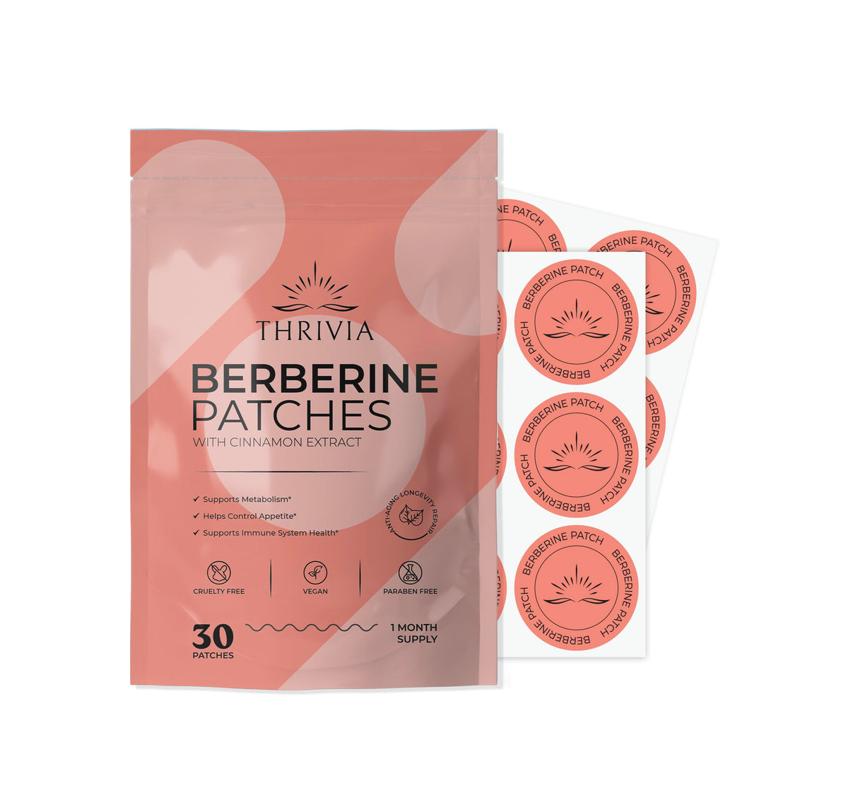 Thrivia empaque frontal mostrando 30 parches y conveniencia diaria