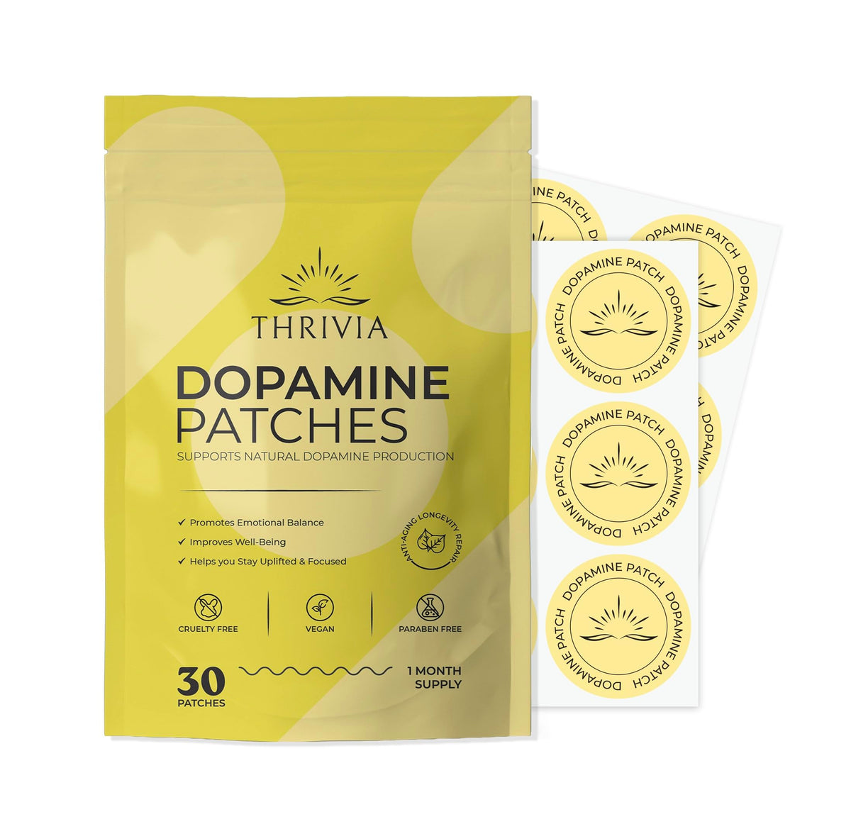 Thrivia paquete frontal mostrando 30 parches y beneficio de conveniencia