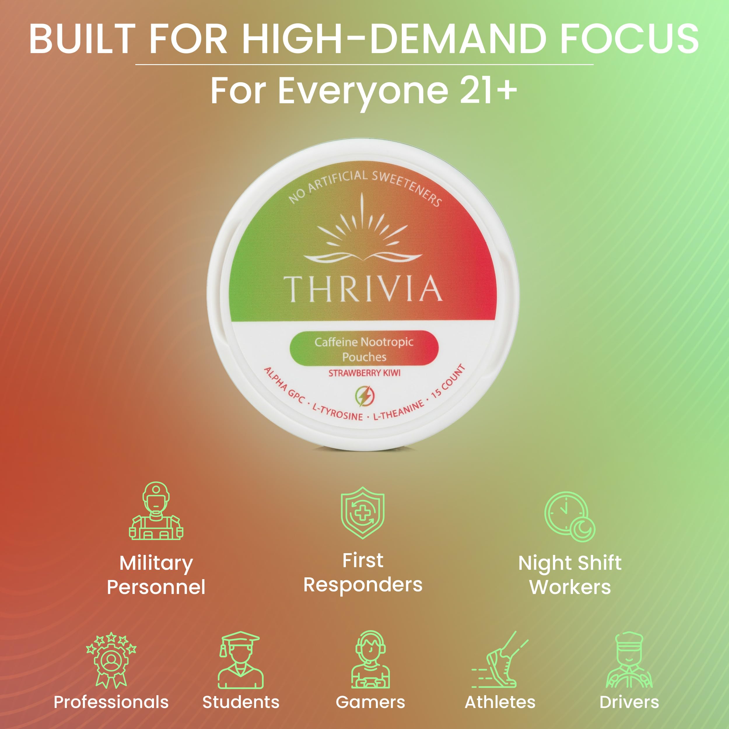 Thrivia pouch colocada bajo labio en oficina para enfoque discreto