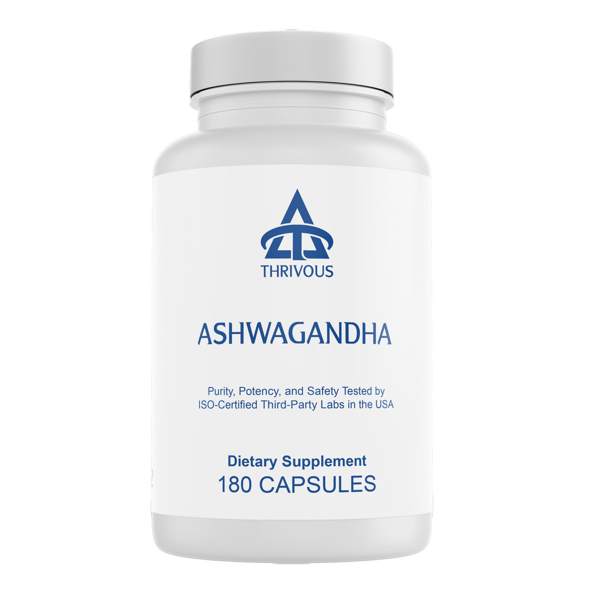 Thrivous frasco frontal de Ashwagandha mostrando etiqueta clara y confianza