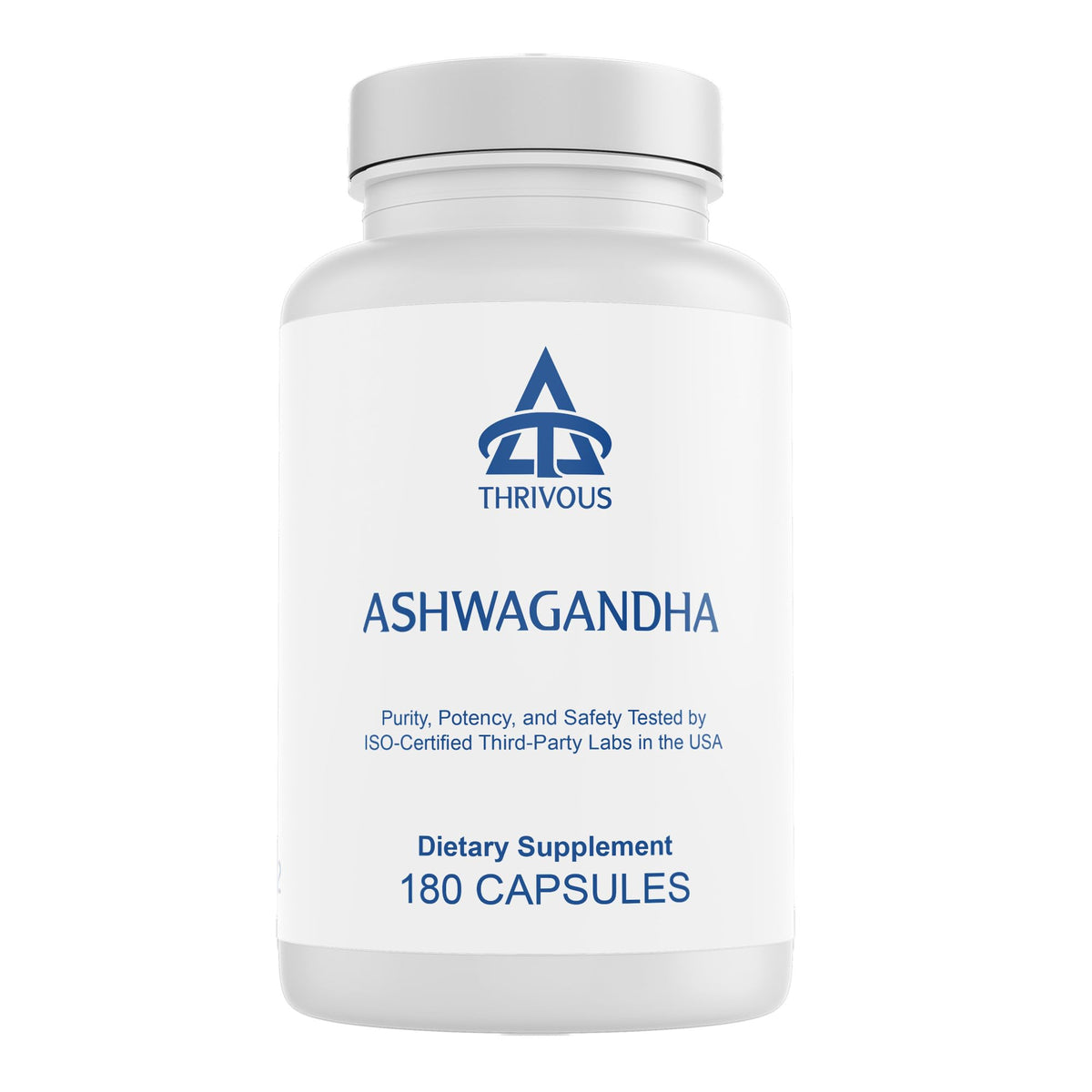 Thrivous frasco frontal de Ashwagandha mostrando etiqueta clara y confianza