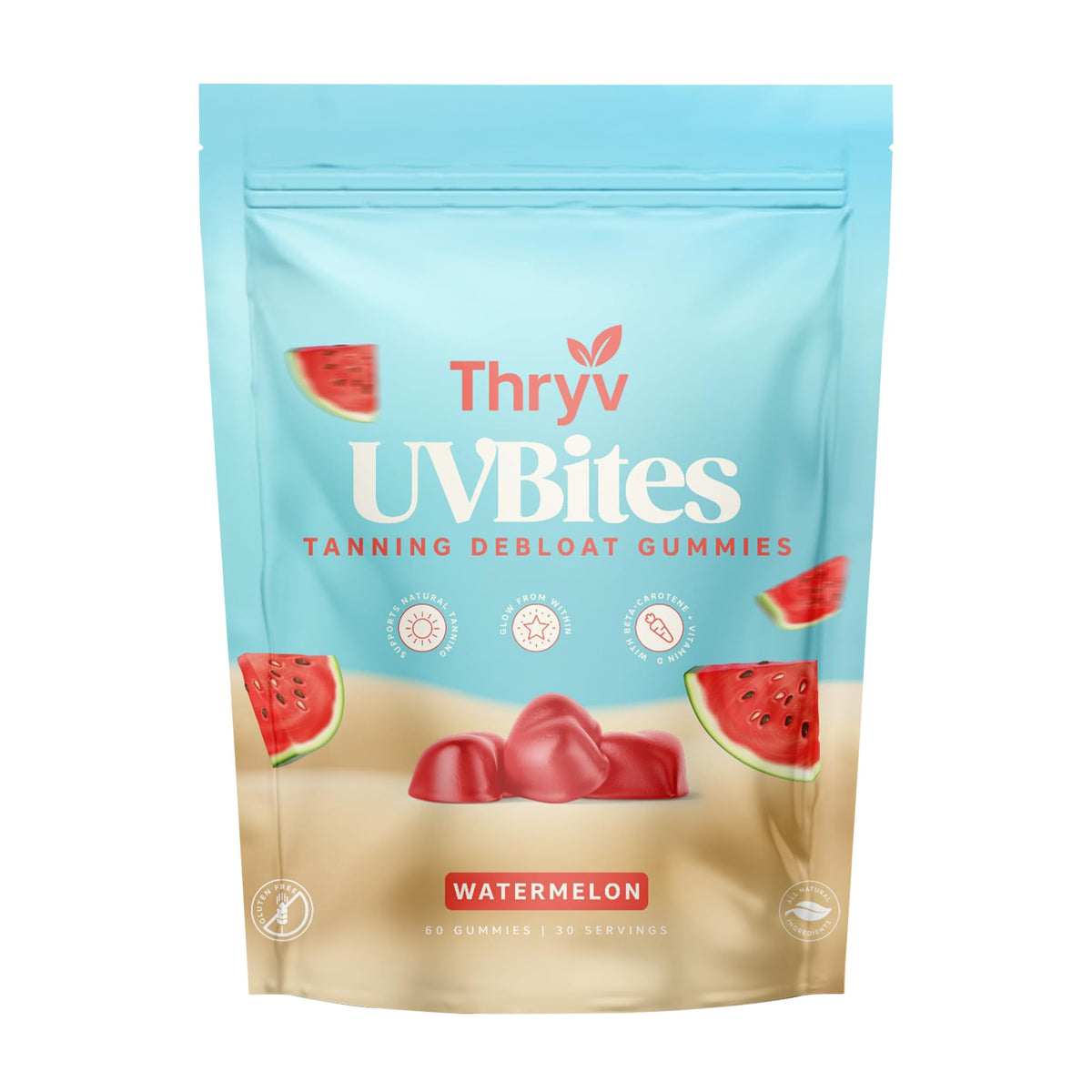 Thryv envase frontal de UVBites mostrando 60 unidades y aspecto sabroso