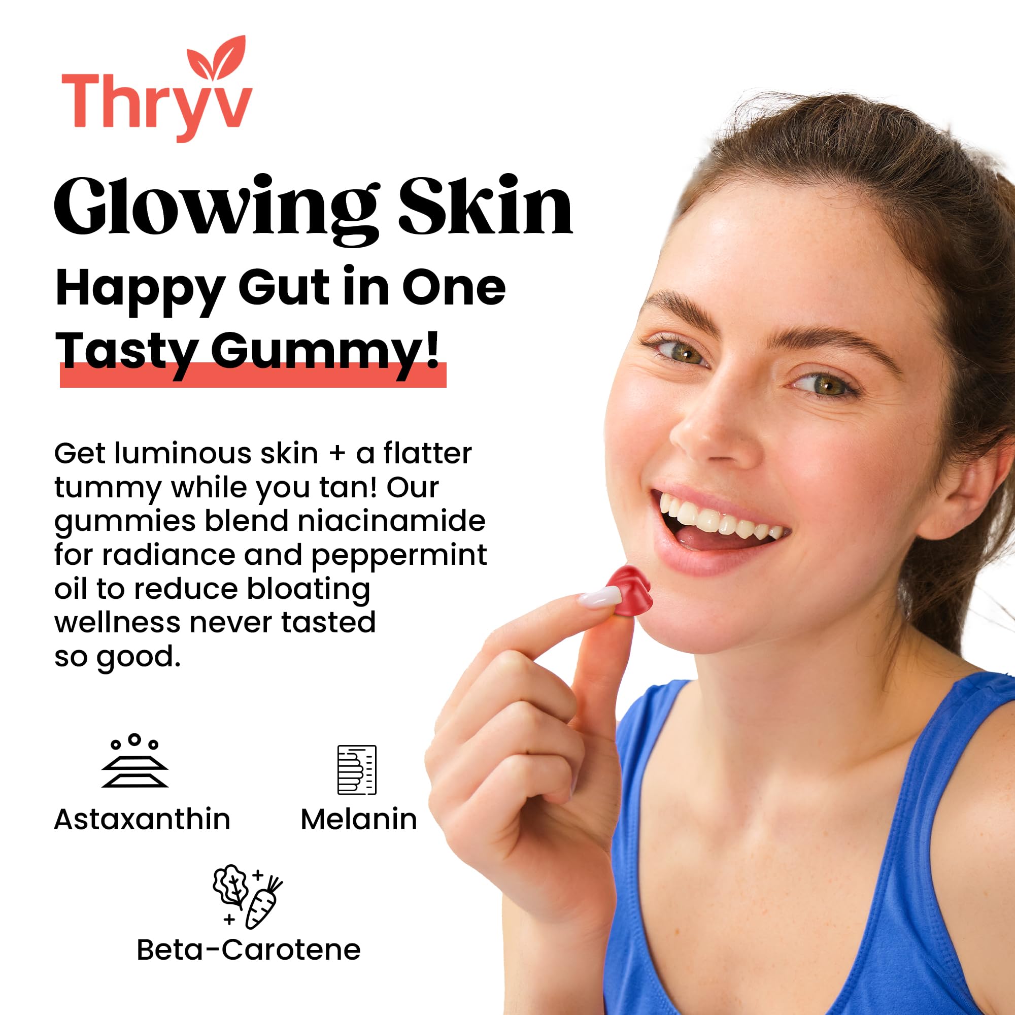 Thryv gomitas en mano para comparación de tamaño y dosis diarias claras