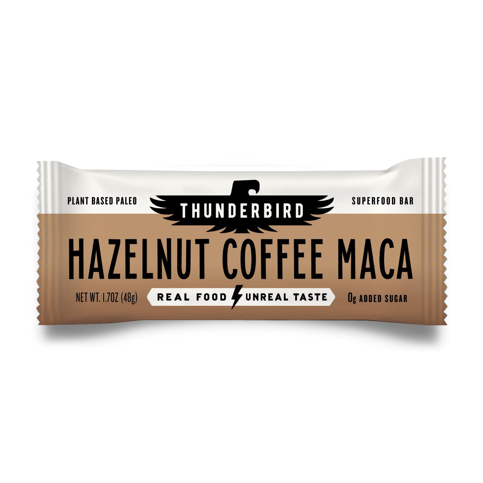 Thunderbird frente del empaque mostrando sabor Hazelnut Coffee Maca y conveniencia