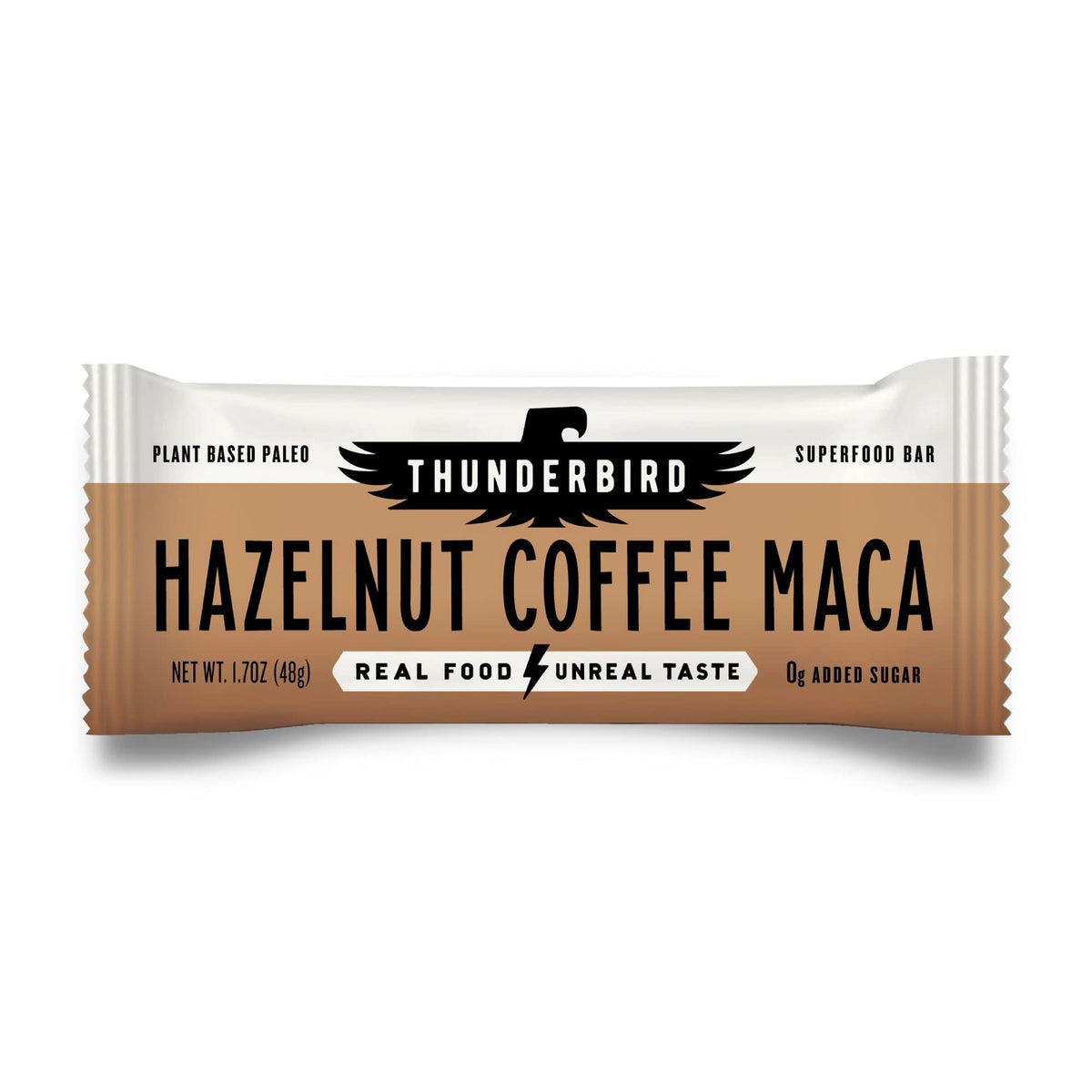 Thunderbird frente del empaque mostrando sabor Hazelnut Coffee Maca y conveniencia
