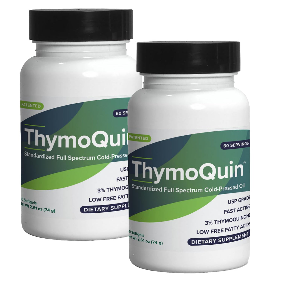 ThymoQuin frontal del empaque que muestra calidad USP y beneficios