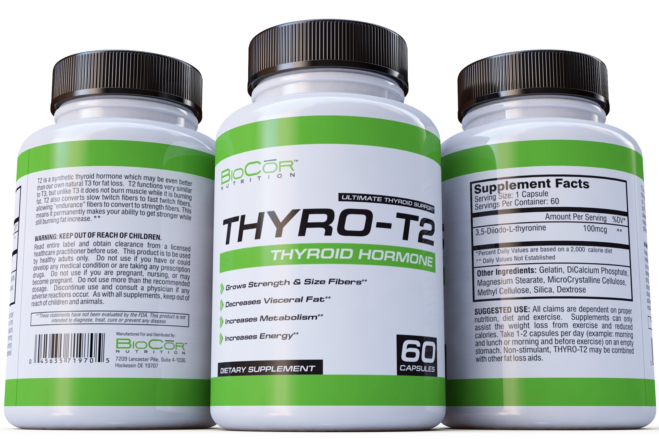 Thyro-T2 etiqueta con información nutricional y fabricación en EE. UU.