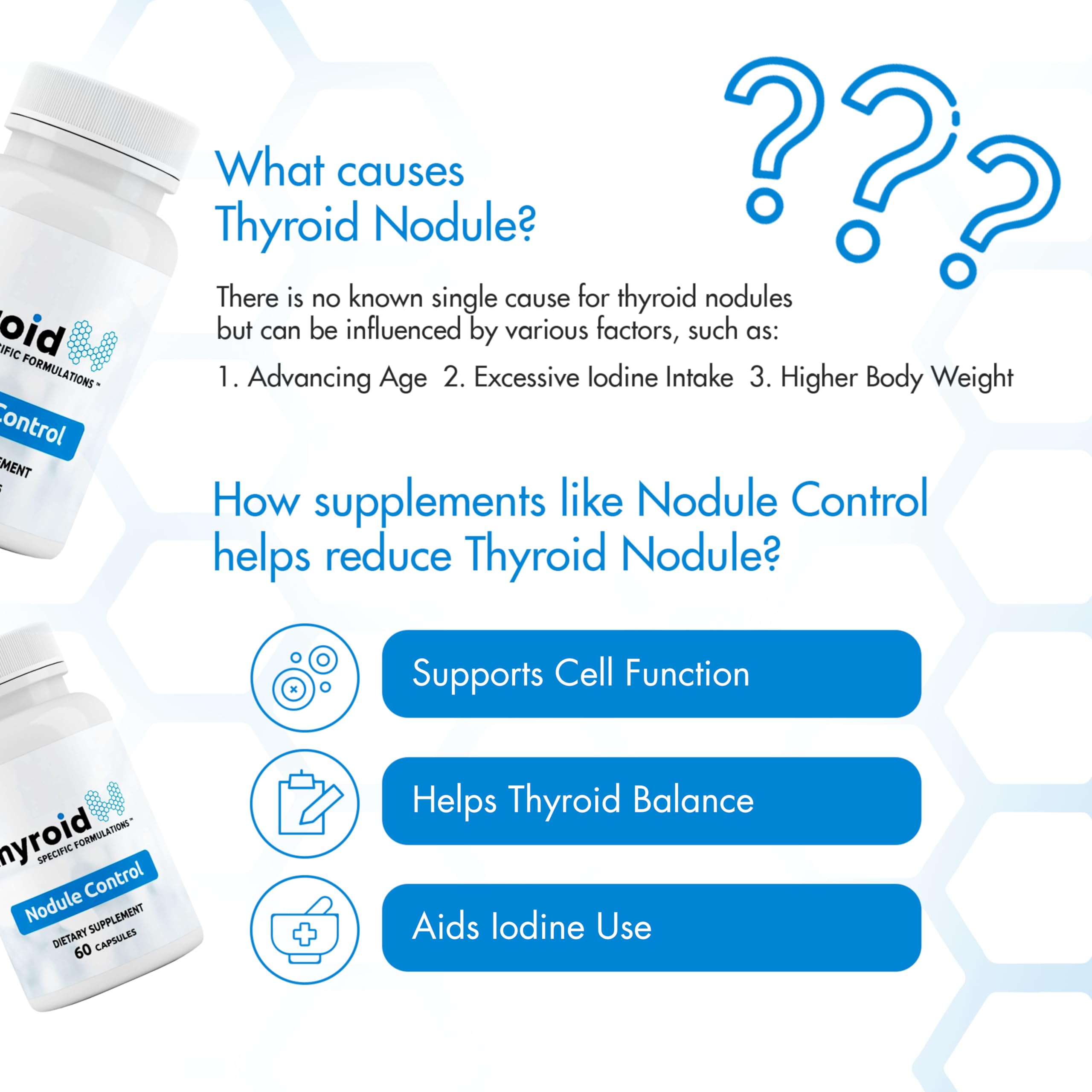 Thyroid Specific Formulations frasco sostenido en mano para escala y tamaño