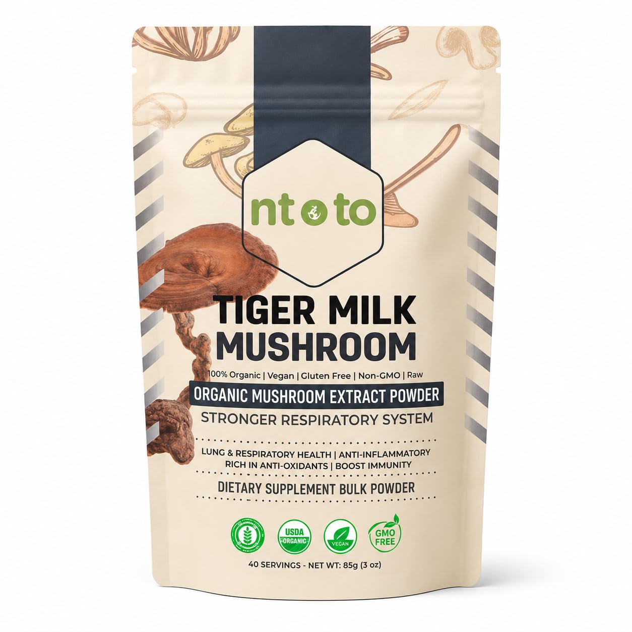 Generic Tiger Milk Mushroom frasco frontal, presentación orgánica y tamaño práctico