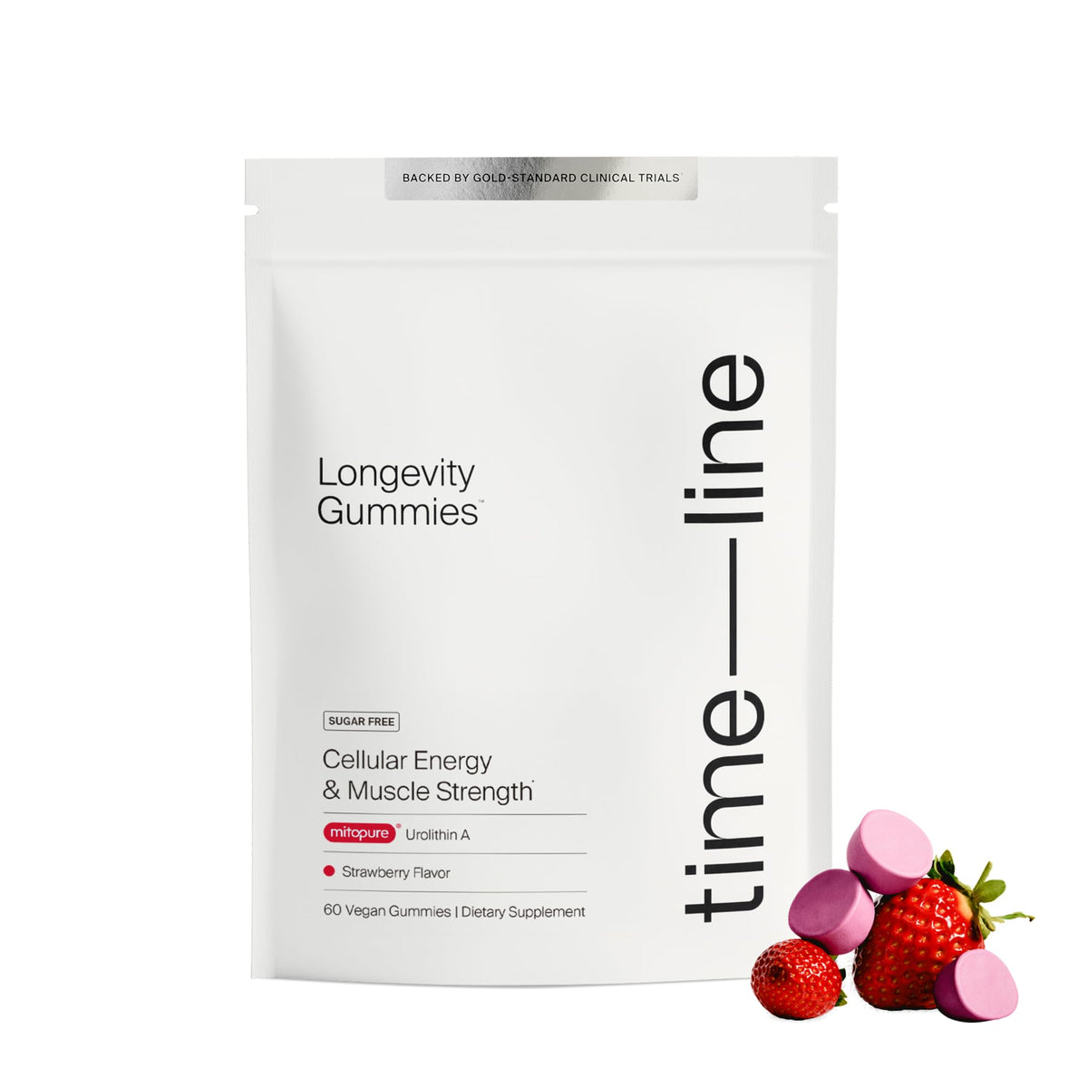 Timeline Mitopure frente del envase mostrando la marca y beneficios claros