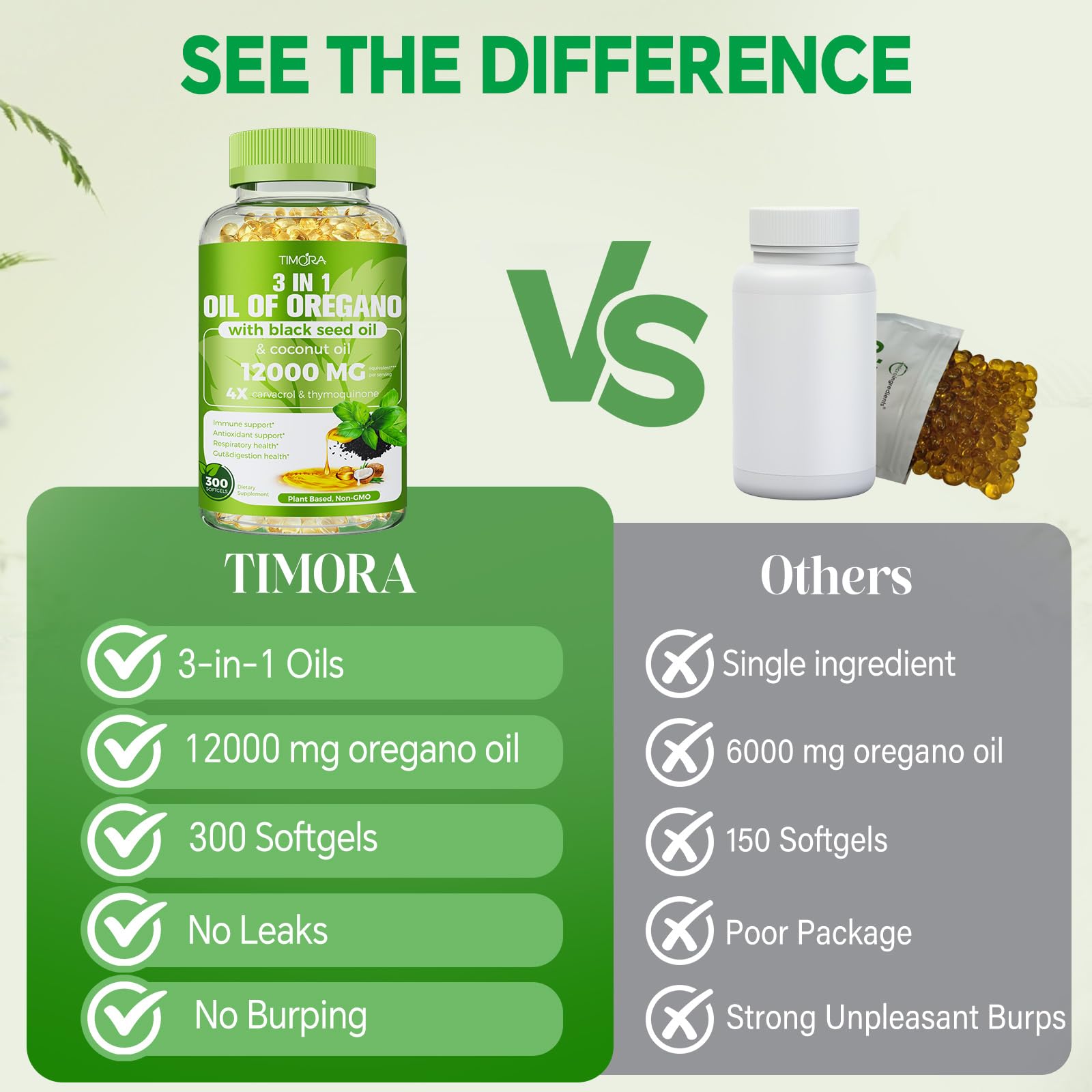 Envase TIMORA con ingredientes naturales (orégano, nigella, coco) mostrando origen vegetal