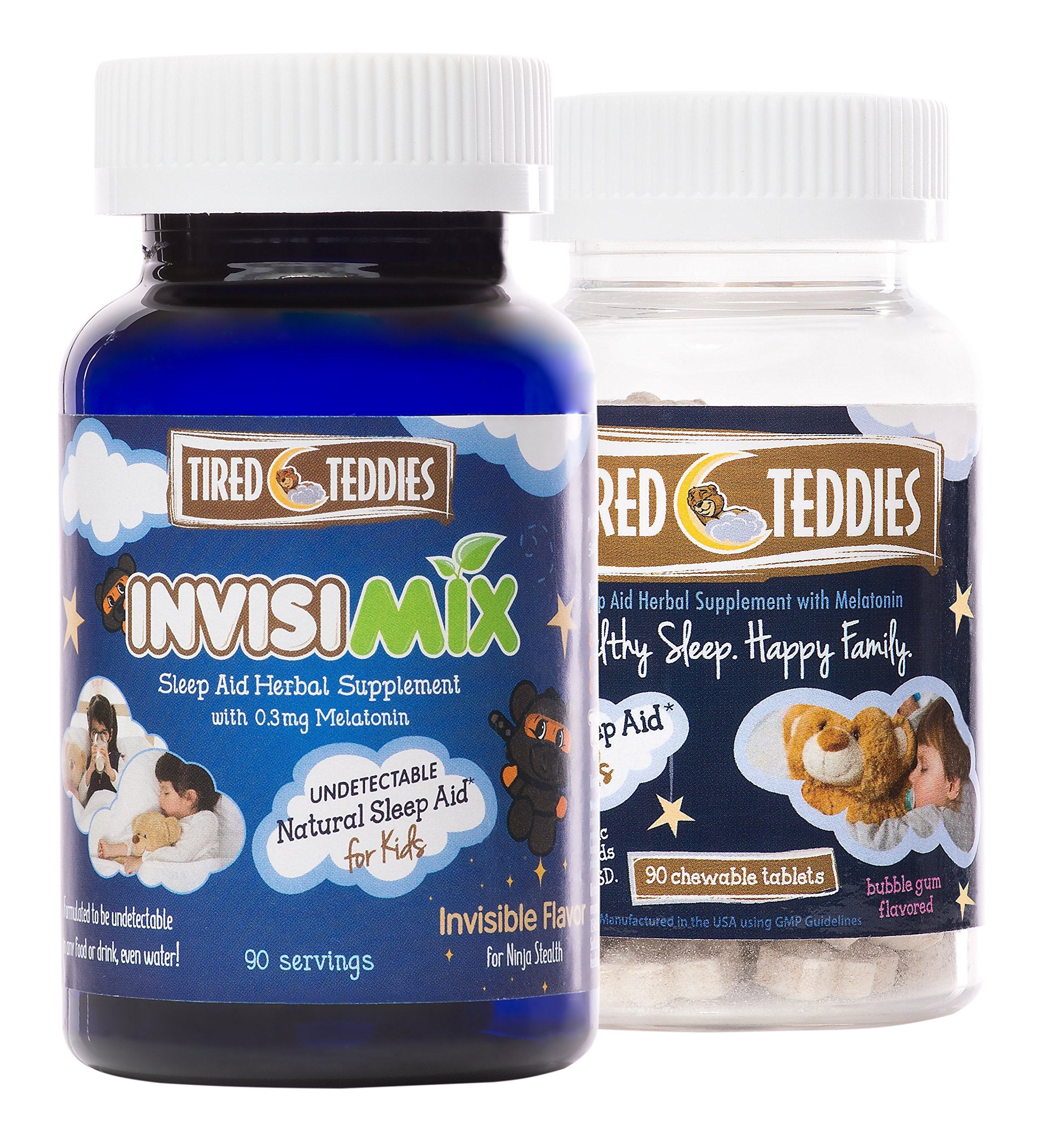 Tired Teddies etiqueta con ingredientes y certificación GMP visible
