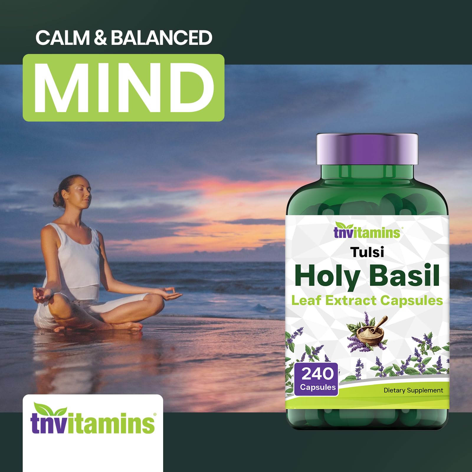 tnvitamins cápsula de Holy Basil en mano indica dosis práctica y uso diario