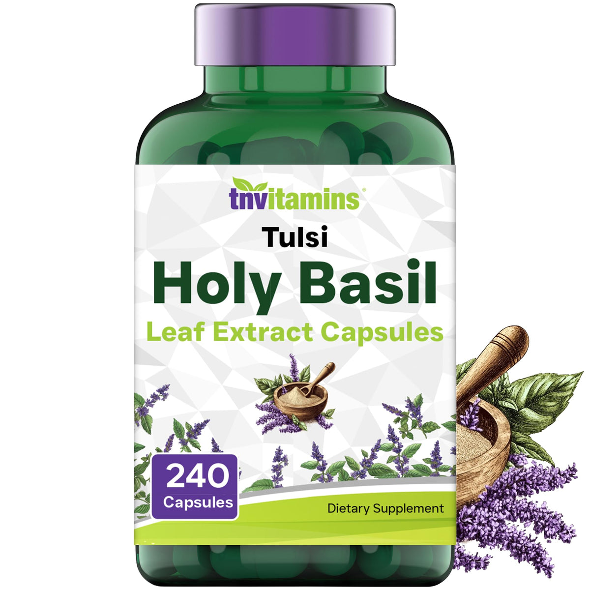 tnvitamins frasco frontal de Holy Basil muestra tamaño y marca, proporciona confianza