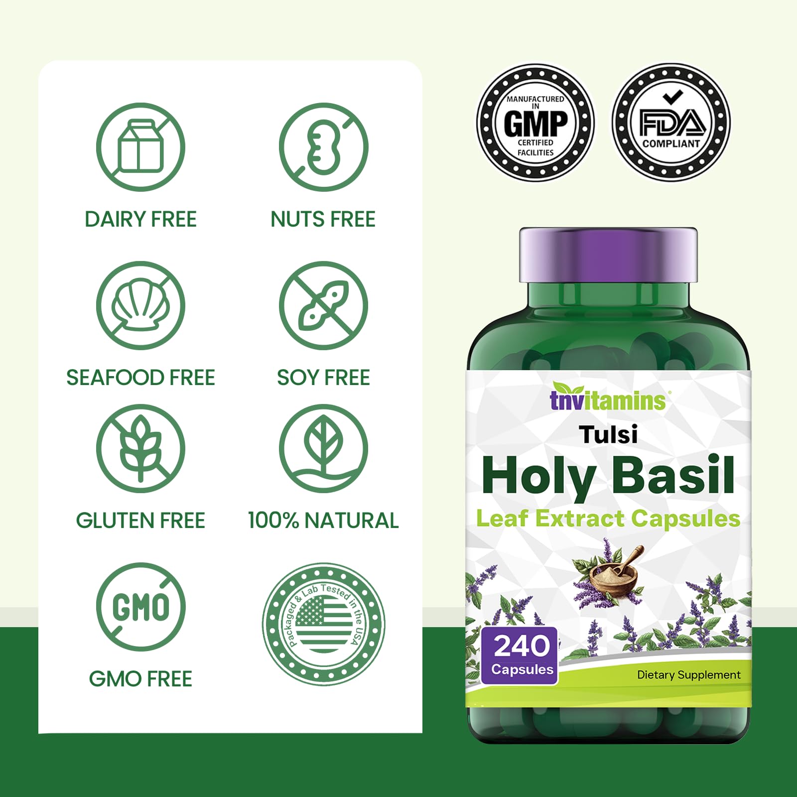 tnvitamins hojas de Tulsi frescas junto a cápsulas que muestran origen botánico