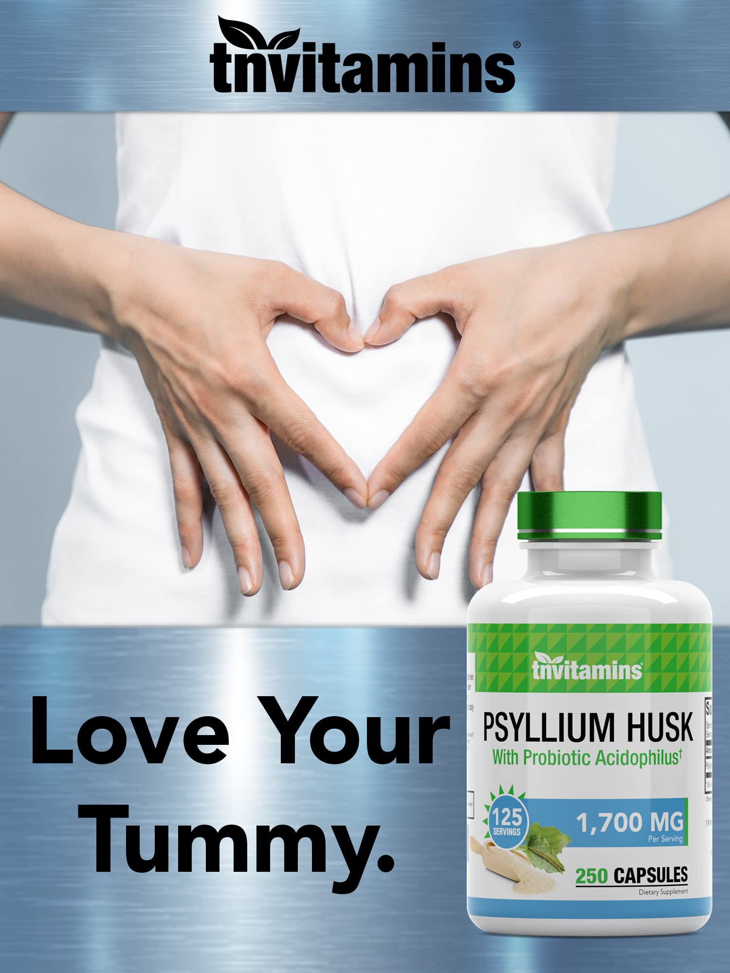tnvitamins cápsulas junto a un vaso de agua indicando uso diario fácil