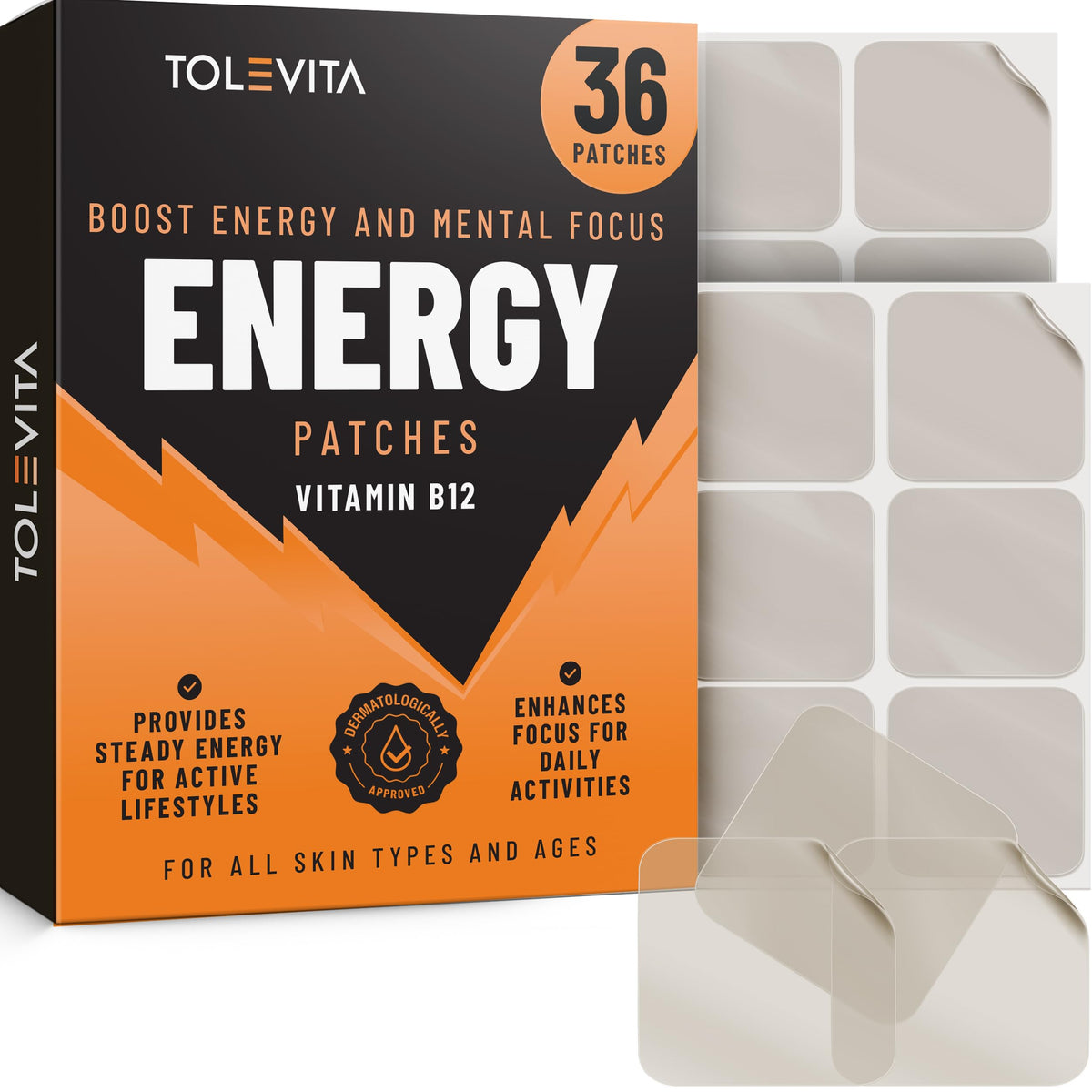 TOLEVITA paquete frontal mostrando 36 parches y beneficio de energía continua