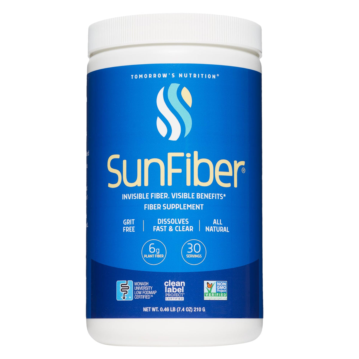 Tomorrow's Nutrition envase frontal limpio que muestra Sunfiber y conveniencia
