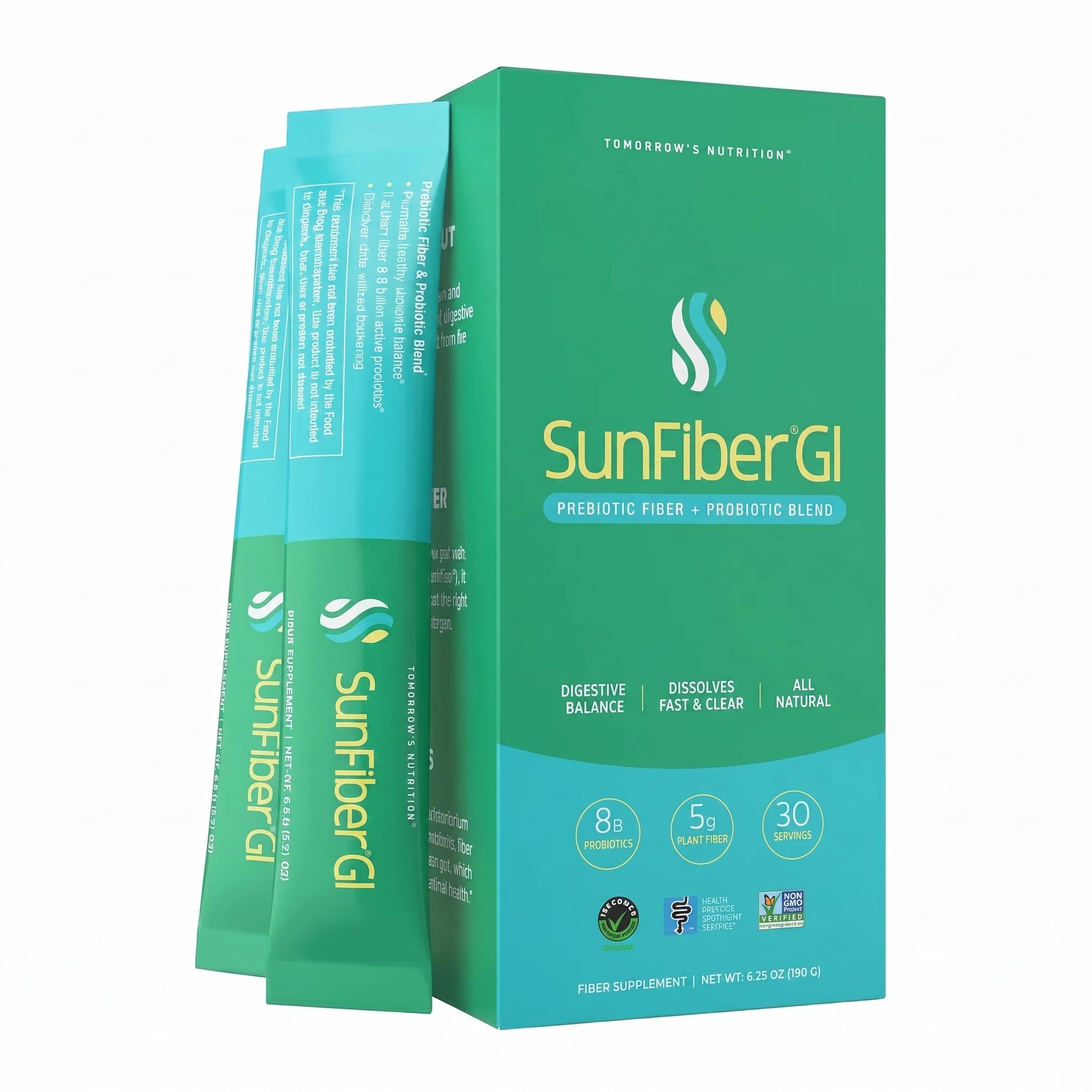 Tomorrow's Nutrition empaquetado frontal que muestra el producto y beneficio digestivo