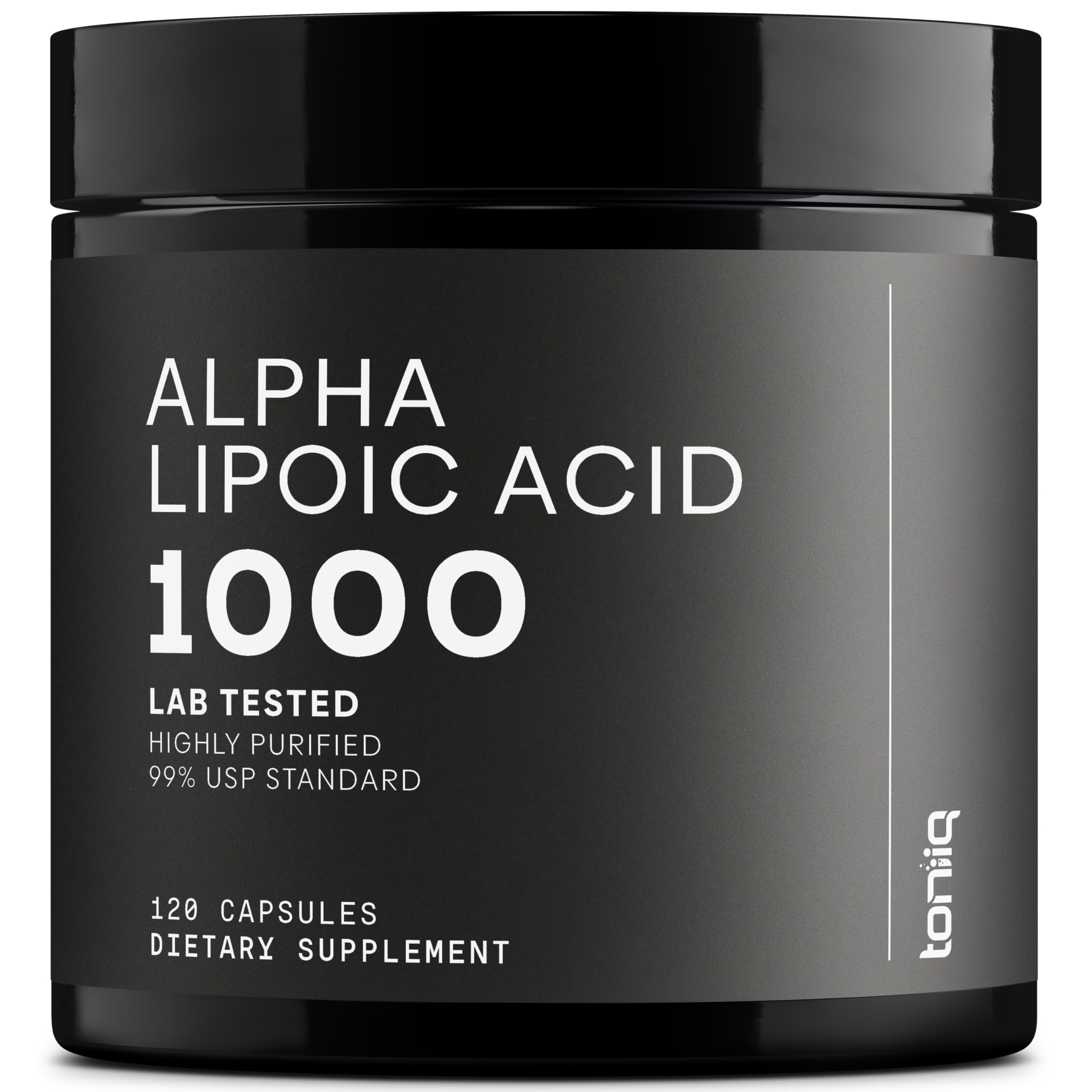 Toniiq frasco frontal mostrando ALA 1000mg y pureza 99%+