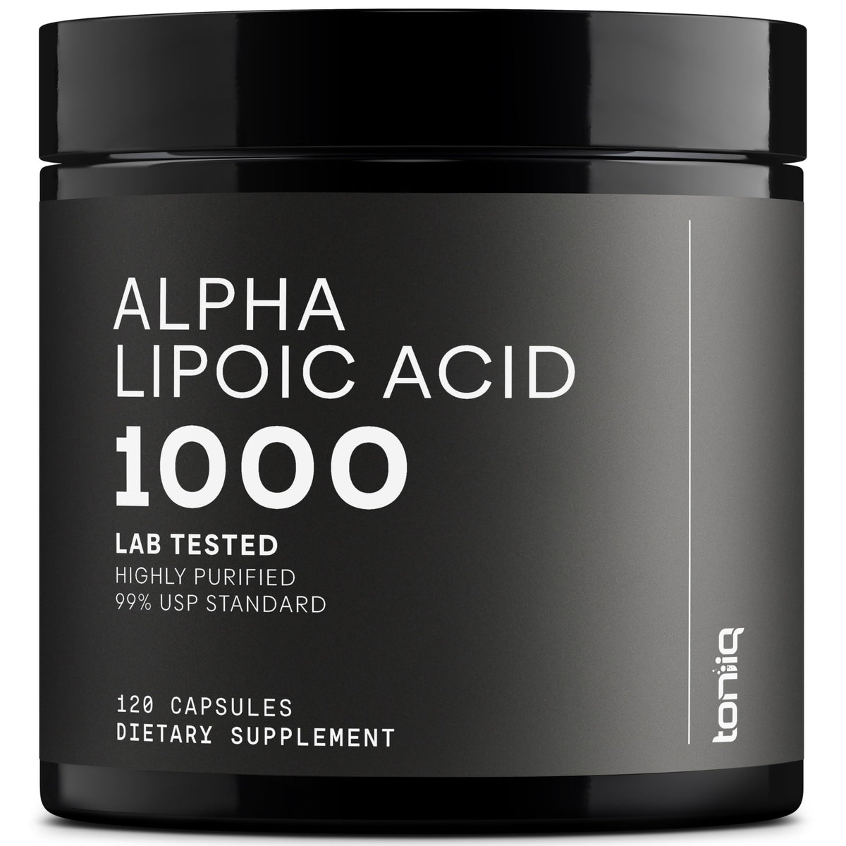 Toniiq frasco frontal mostrando ALA 1000mg y pureza 99%+