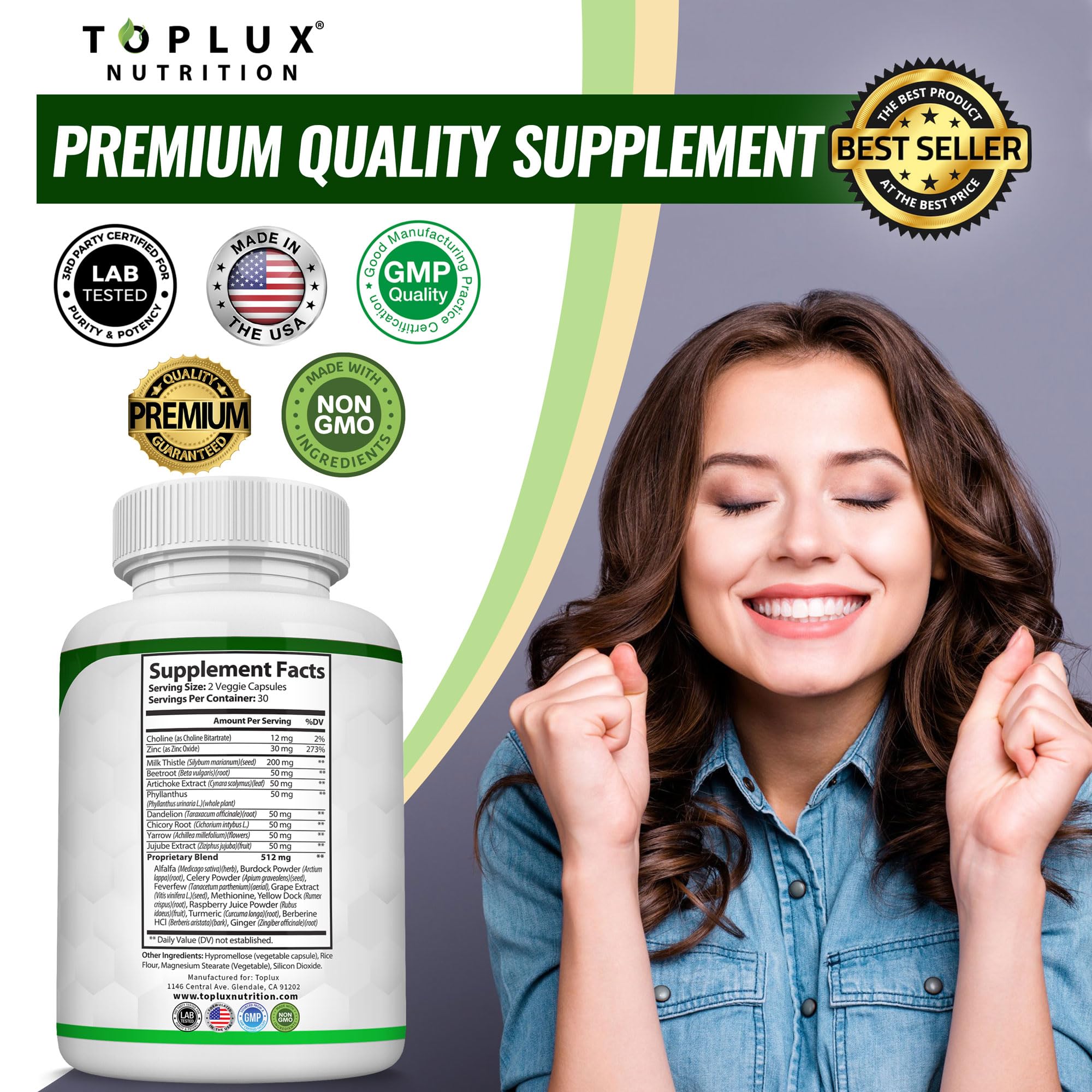Toplux etiqueta con lista de ingredientes y certificación GMP visible