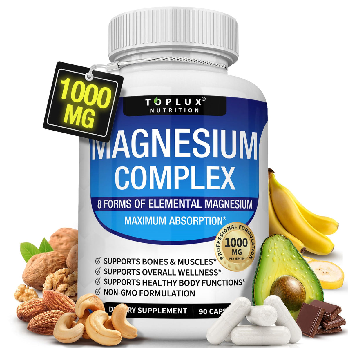Toplux envase frontal del Magnesium Complex mostrando 90 cápsulas y marca