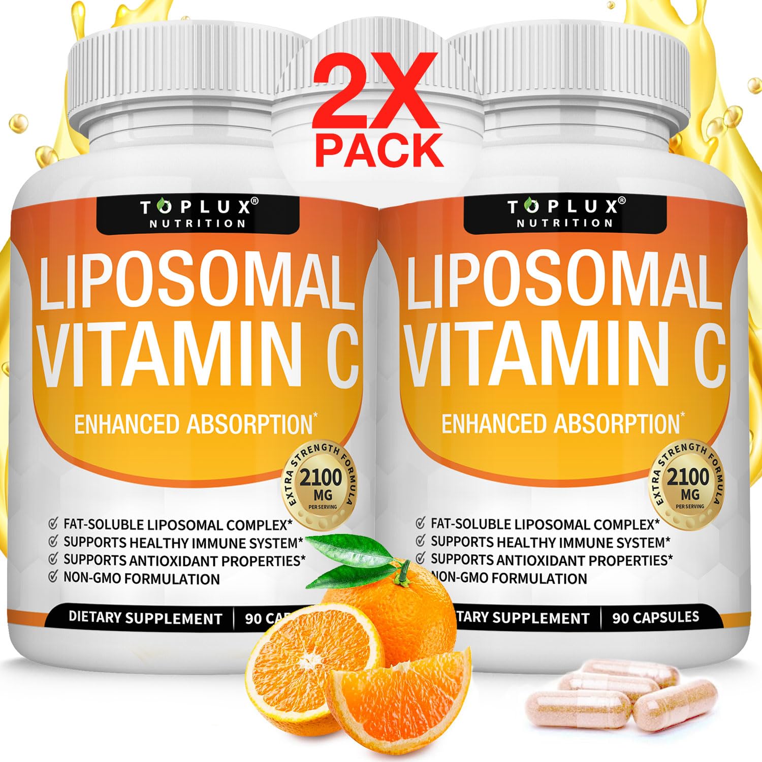Toplux envase frontal mostrando vitamina C liposomal, beneficio: absorción mejorada