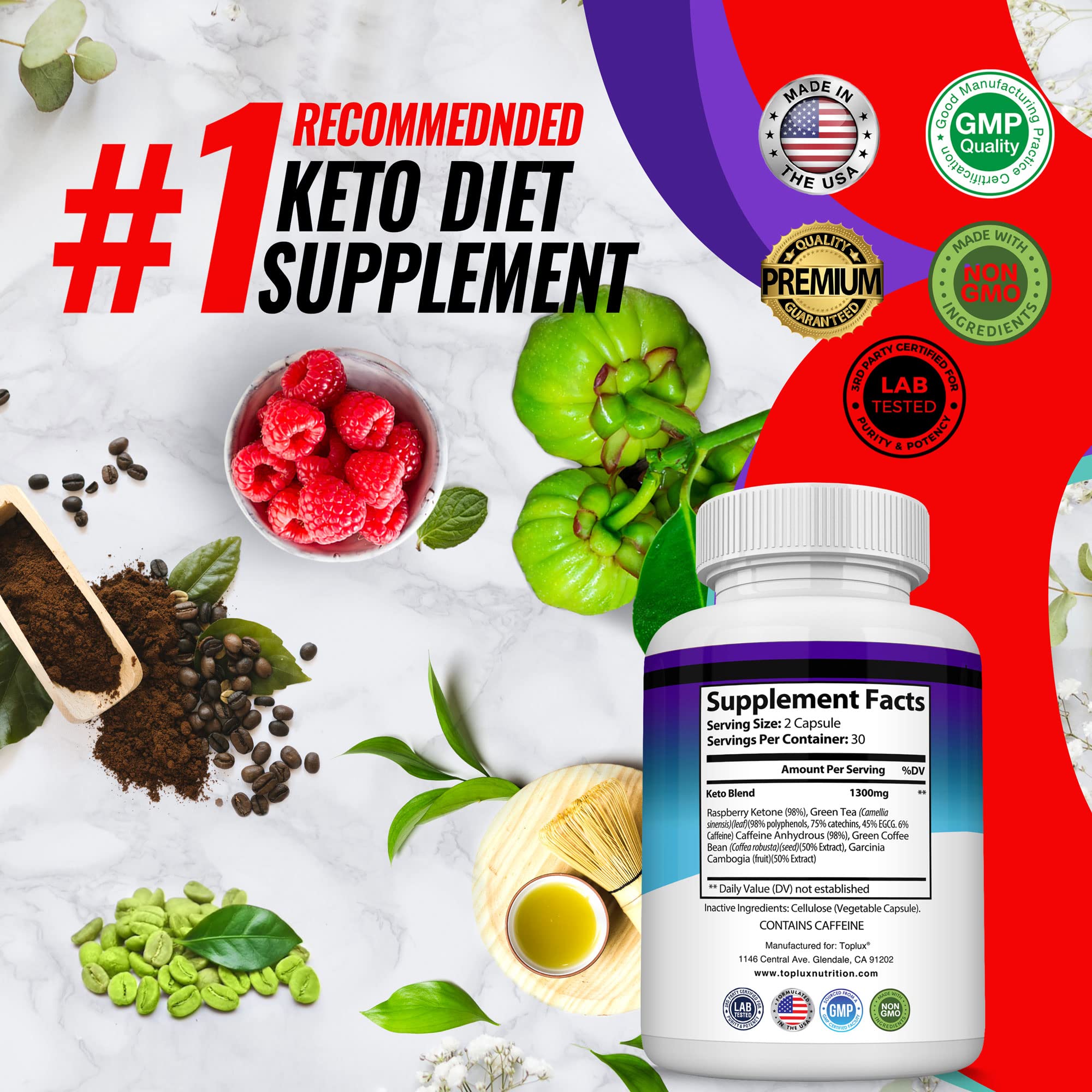 Toplux Keto Boost etiqueta con lista de ingredientes y certificación GMP