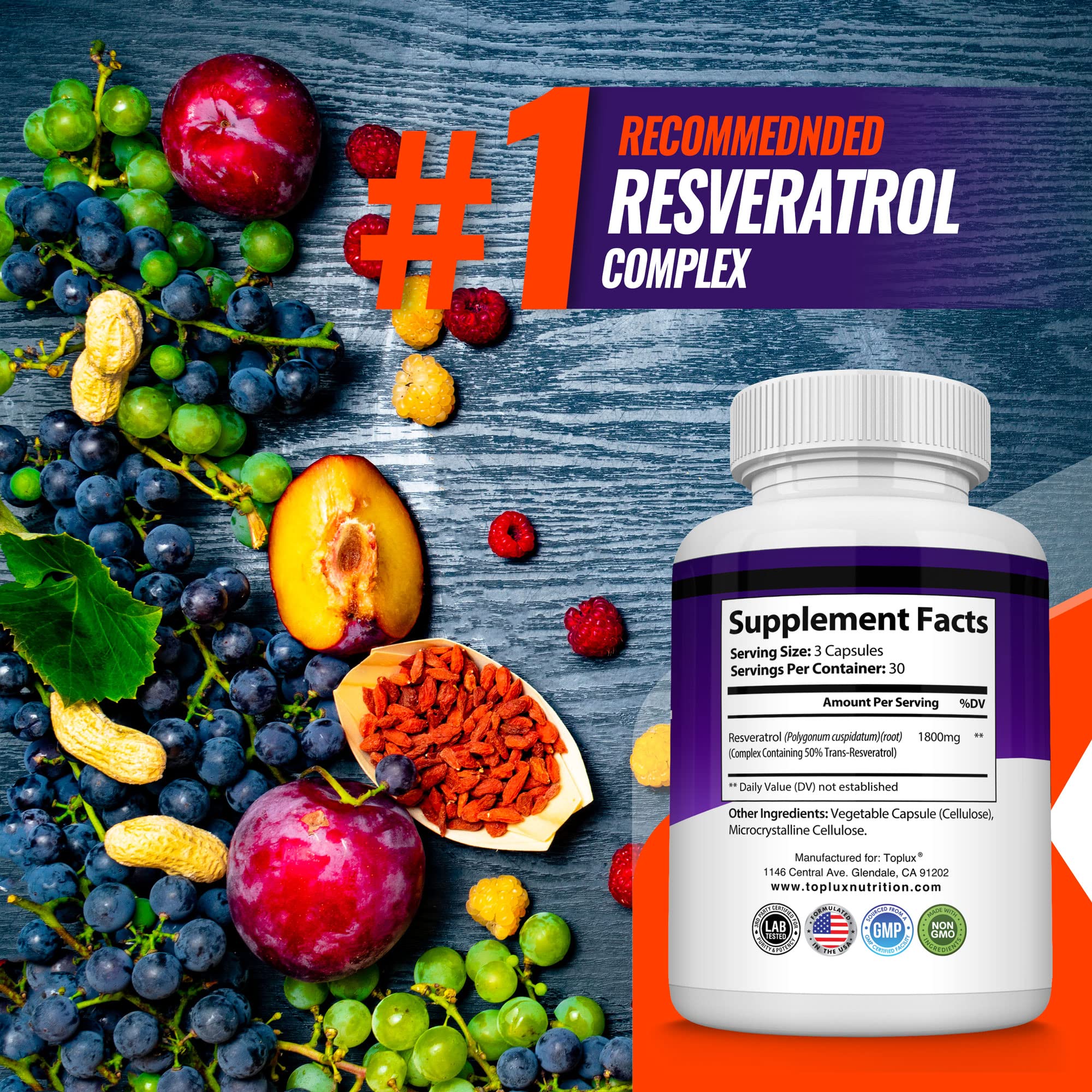 Toplux detalle de extractos naturales como açaí y granada, origen vegetal