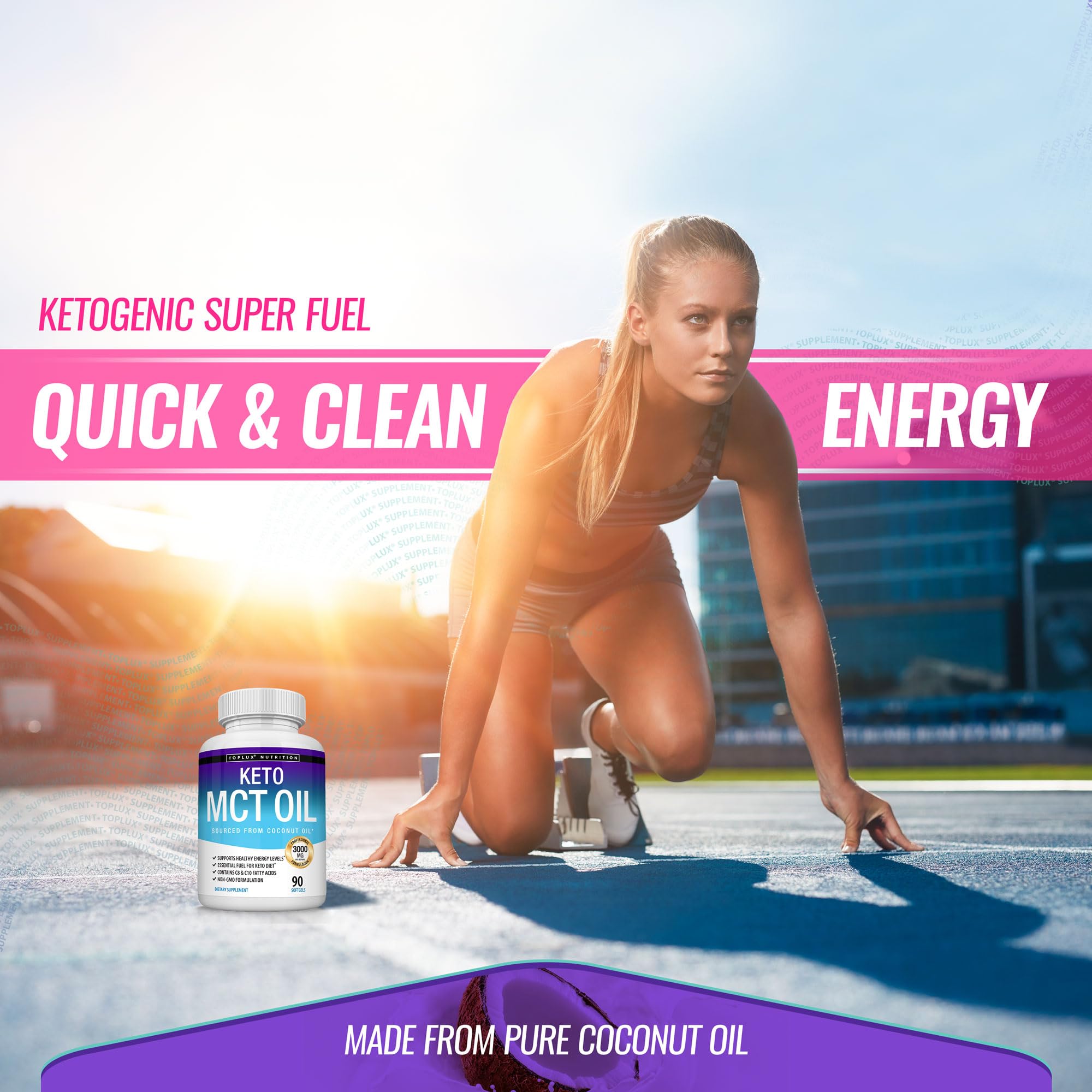 Toplux cápsulas antes de entrenar ilustrando energía rápida y conveniencia deportiva