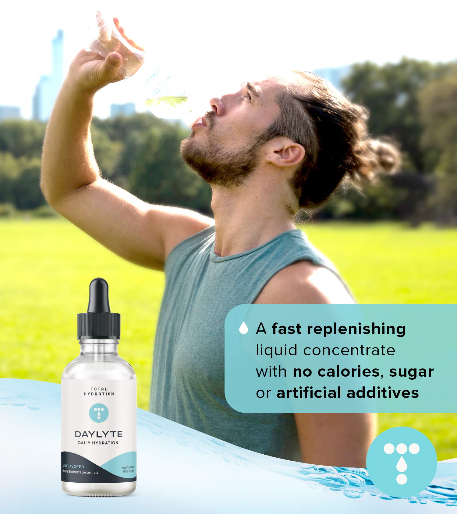 Total Hydration lifestyle con atleta bebiendo agua con gotas, rehidratación efectiva