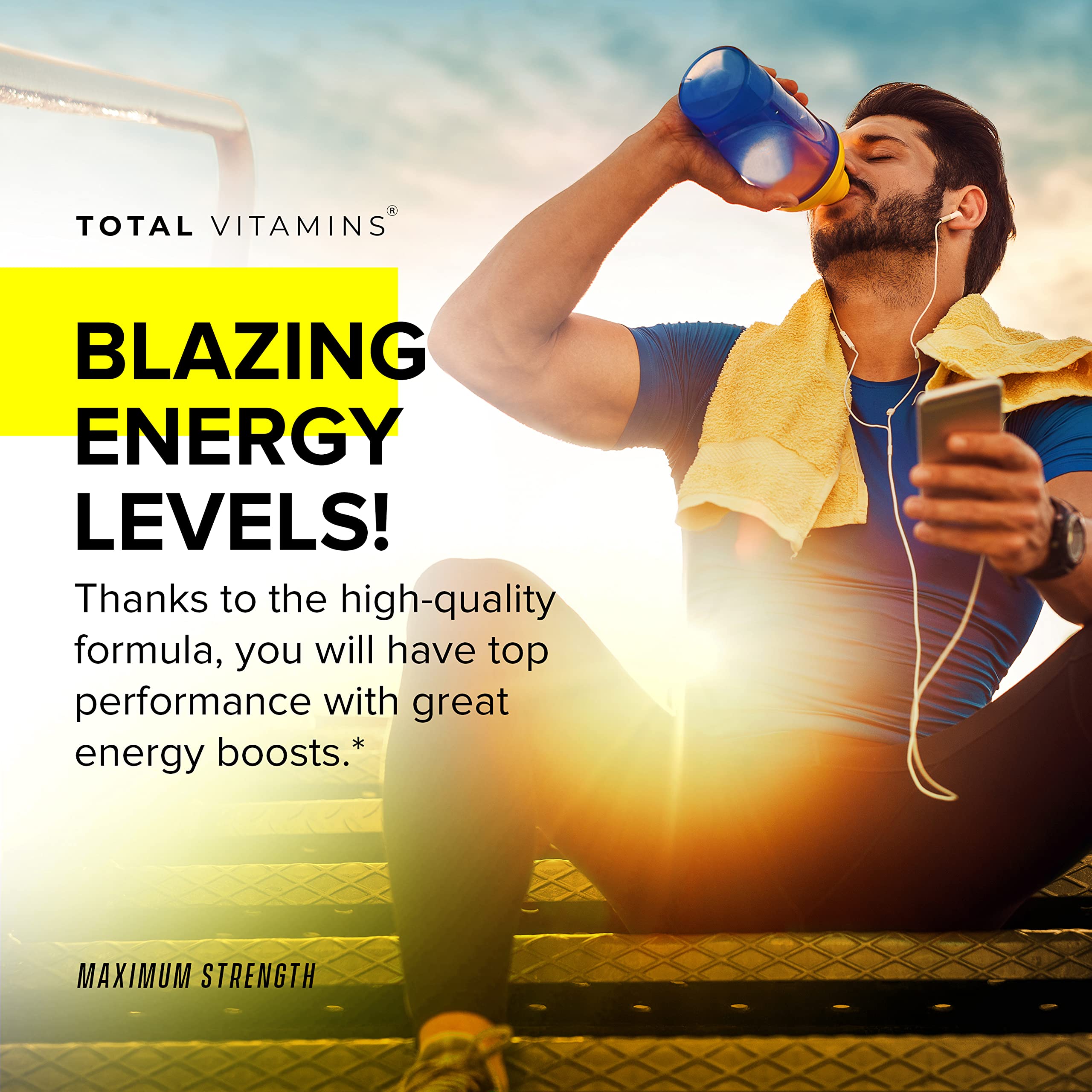 TOTAL VITAMINS botella y caja juntos transmitiendo protección y suministro prolongado