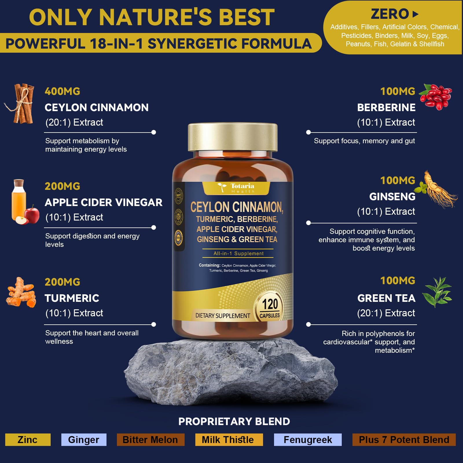 Totaria etiqueta del producto con lista de ingredientes y beneficios claros