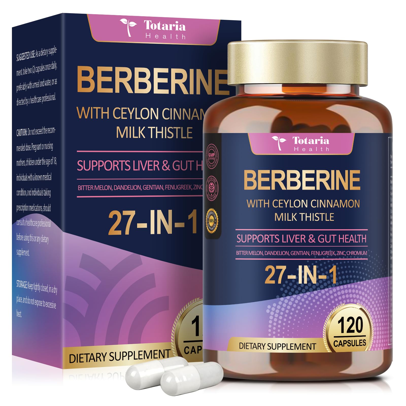 Totaria envase frontal Berberine Plus mostrando 120 cápsulas y beneficios