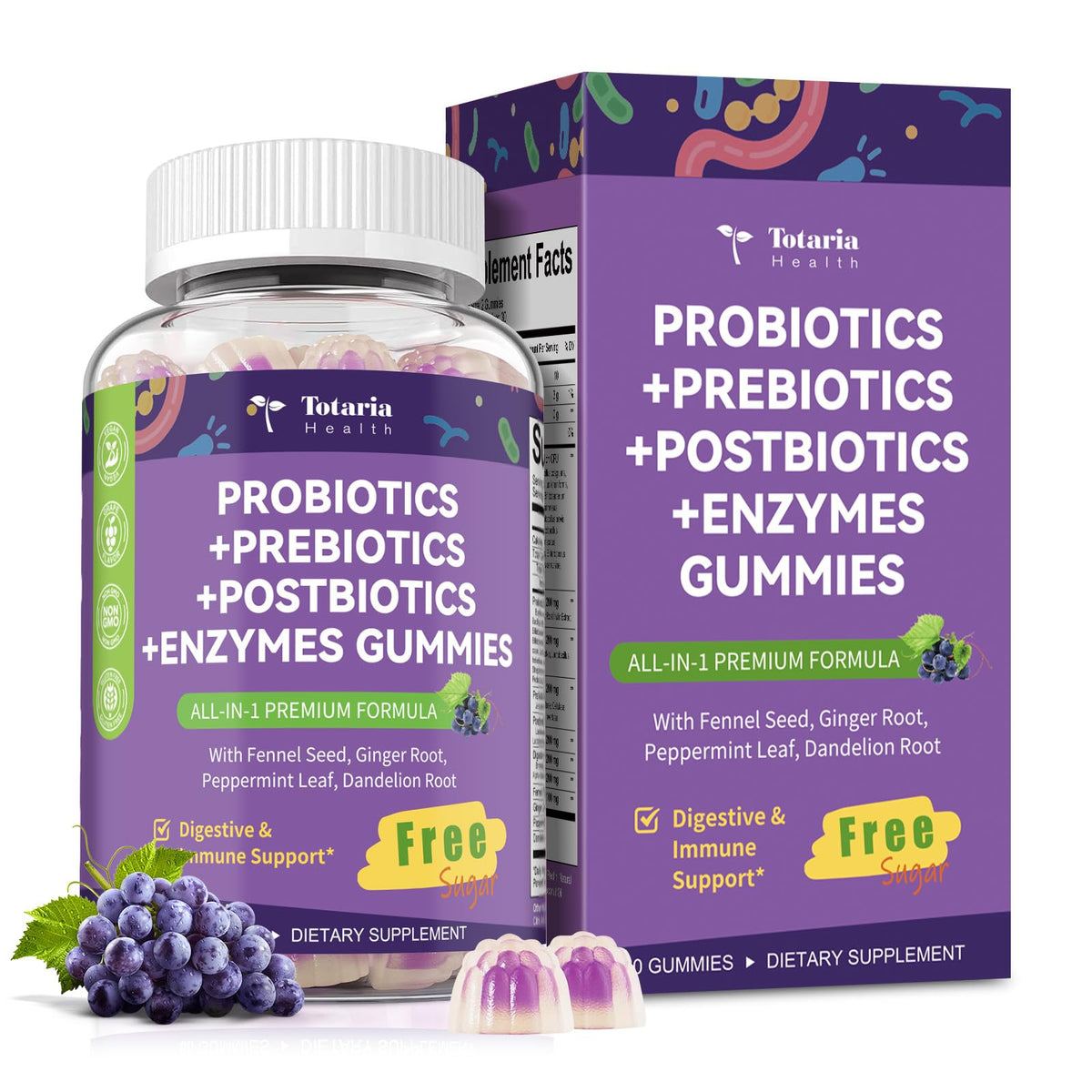 Totaria envase frontal de gominolas 5‑en‑1 mostrando la marca y beneficio digestivo